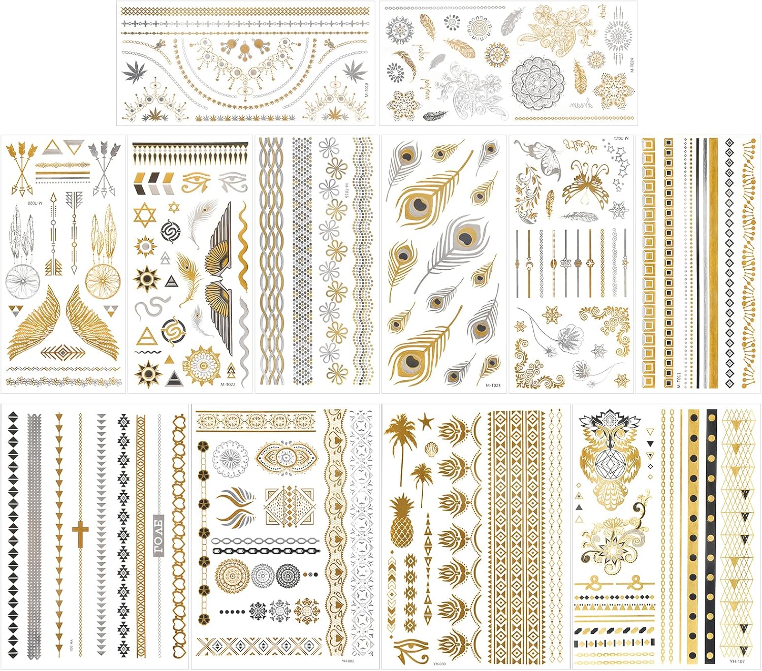 Zsanhua Gold Tattoo 12 Sheets Metallic Tattoo Gold Temporary Tattoo