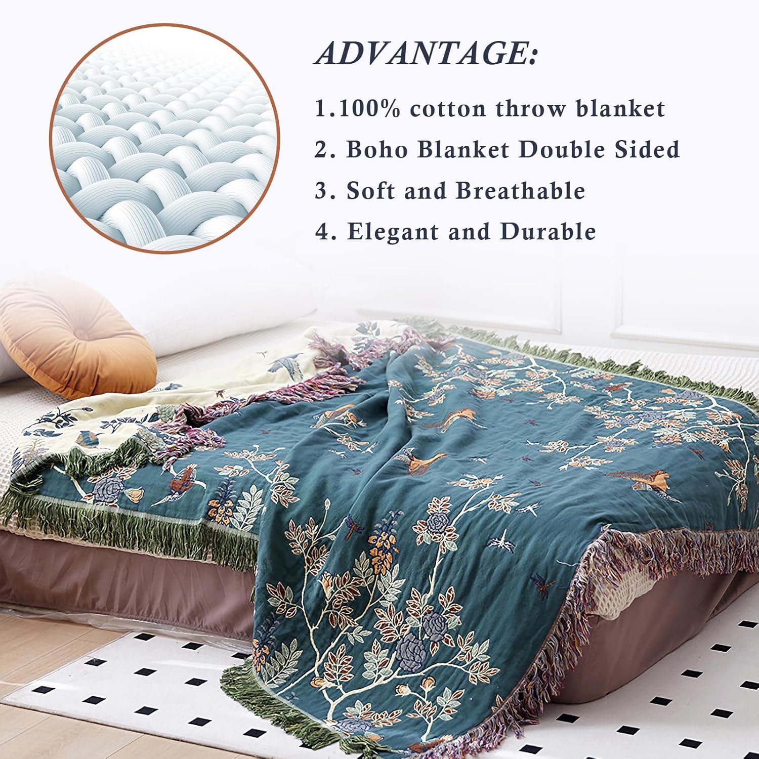 Snycler Boho Throw Blanket for Bed - 100% Cotton Ultra Soft Rustic Quilt Blanket Green Floral Bird Printed Farmhouse Decor Bed Blankets, 80"×90" All Season Rustic Throw for Sofa Chair Couch - Image 5