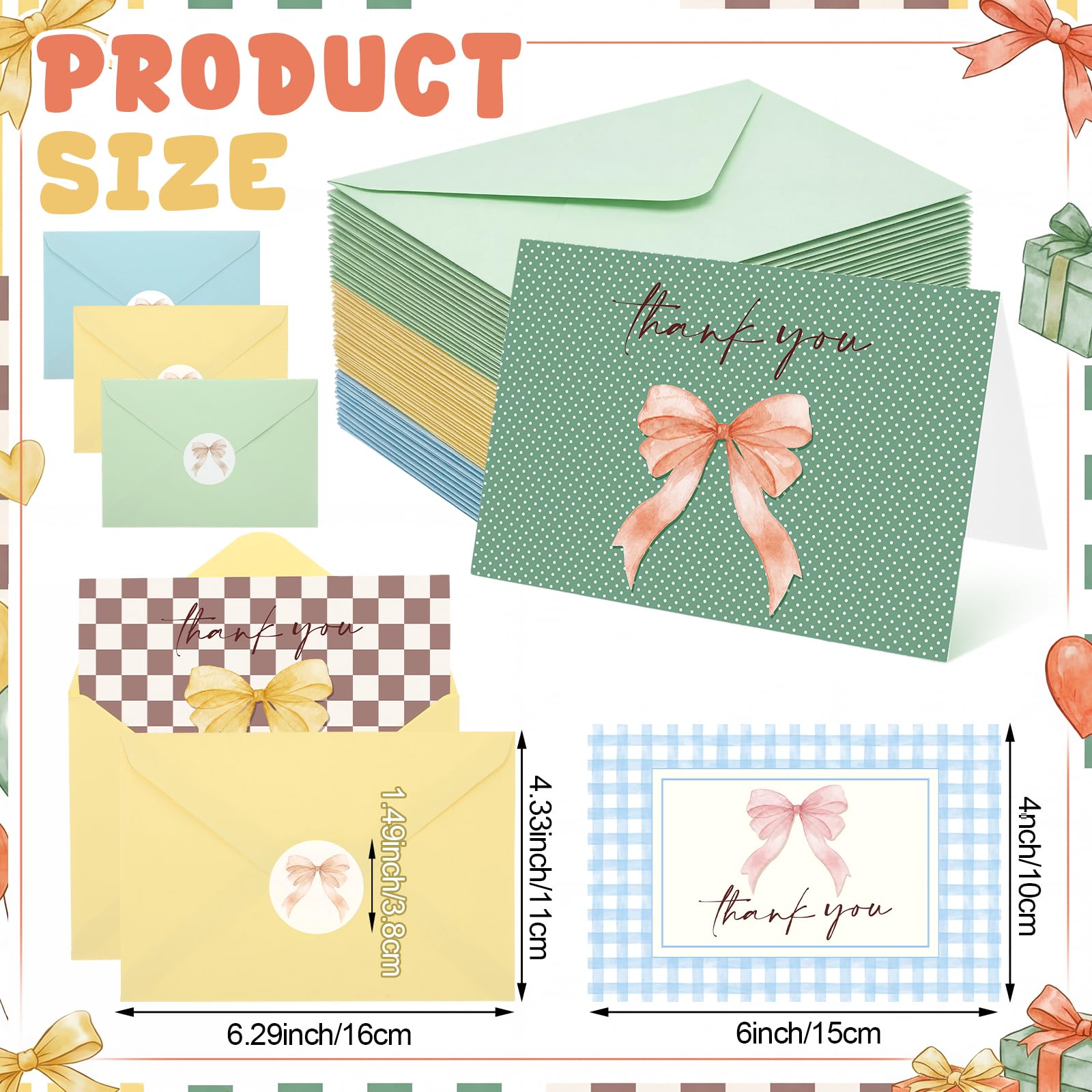 Sabary Biglietti di ringraziamento colorati con buste e adesivi, design elegante con fiocco, 50 pezzi, 10 x 15 cm, con fiocchi ad acquerello, biglietti di auguri vuoti per addio al nubilato, matrimoni