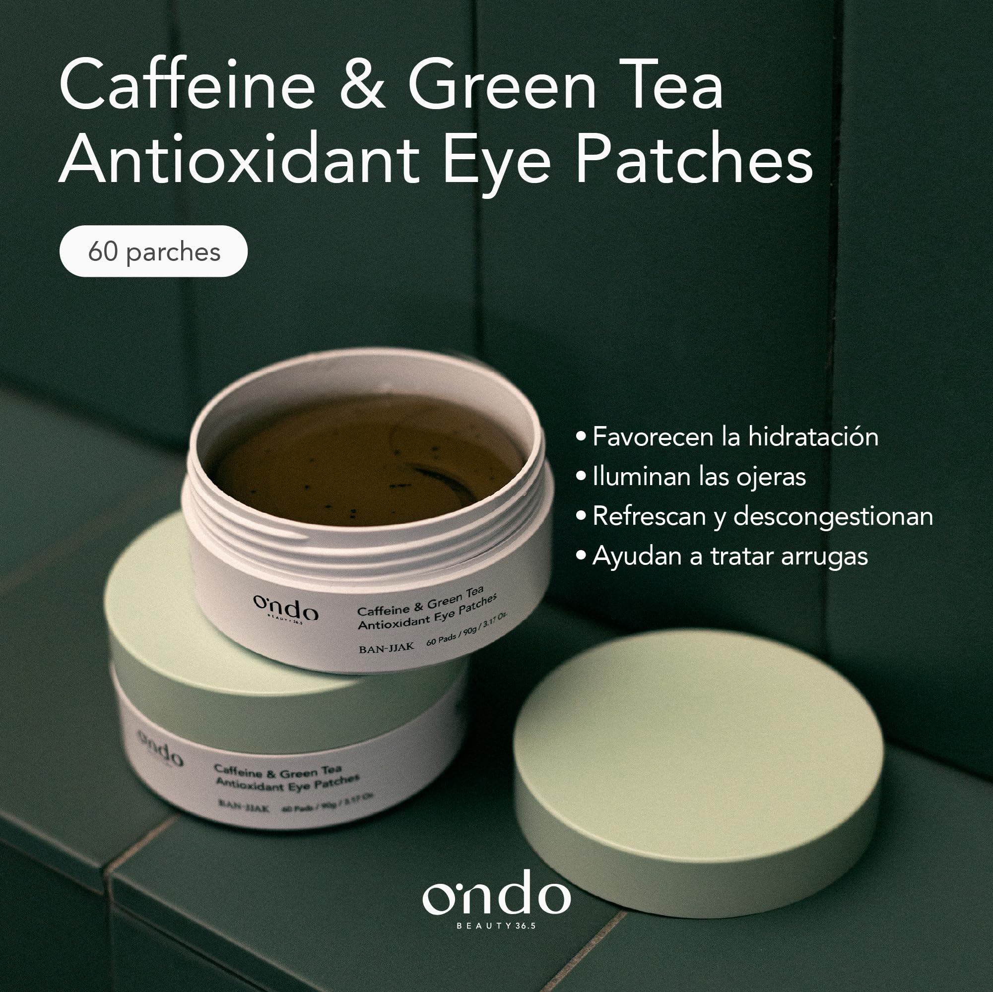 Ondo Beauty 36.5 Caffeine & Green Tea Antioxidant Eye Patches | Parches de Hidrogel para Ojos con Té Verde y Cafeína | Antiarrugas, Bolsas y Efecto Antioxidante | Cosmética Vegana Coreana, 60 uds