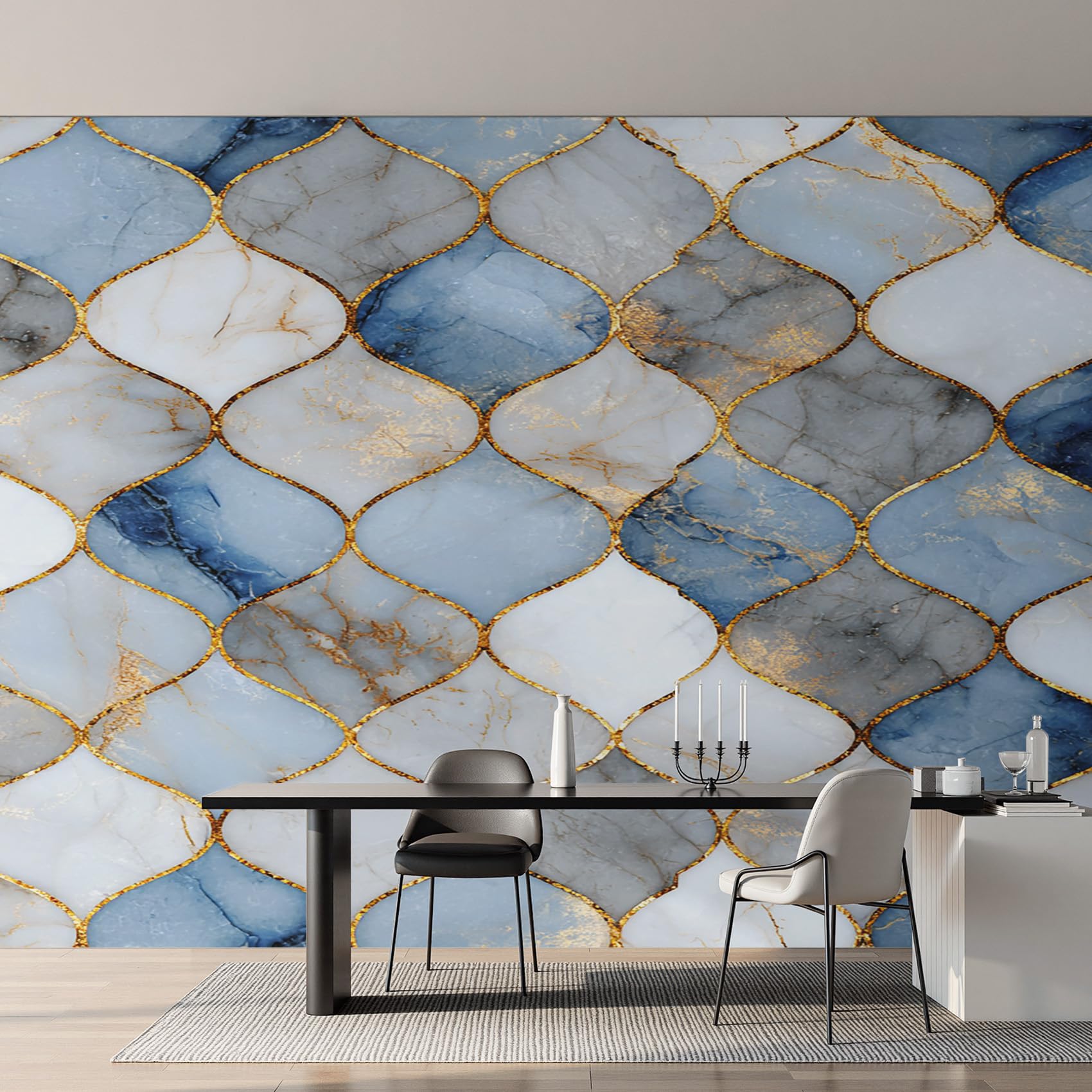 Papier Peint Marbre Panoramique pour Transformer Votre Salon en un Écrin Moderne Bleu Gris