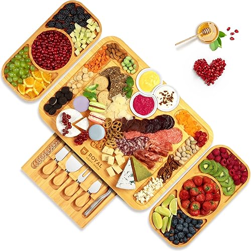 Miniatura 45 de ROYAL CRAFT WOOD Tablas de bambú extra grandes para charcutería – Juego de tablas de charcutería grande con 3 cuencos para salsa, 4 cuchillos
