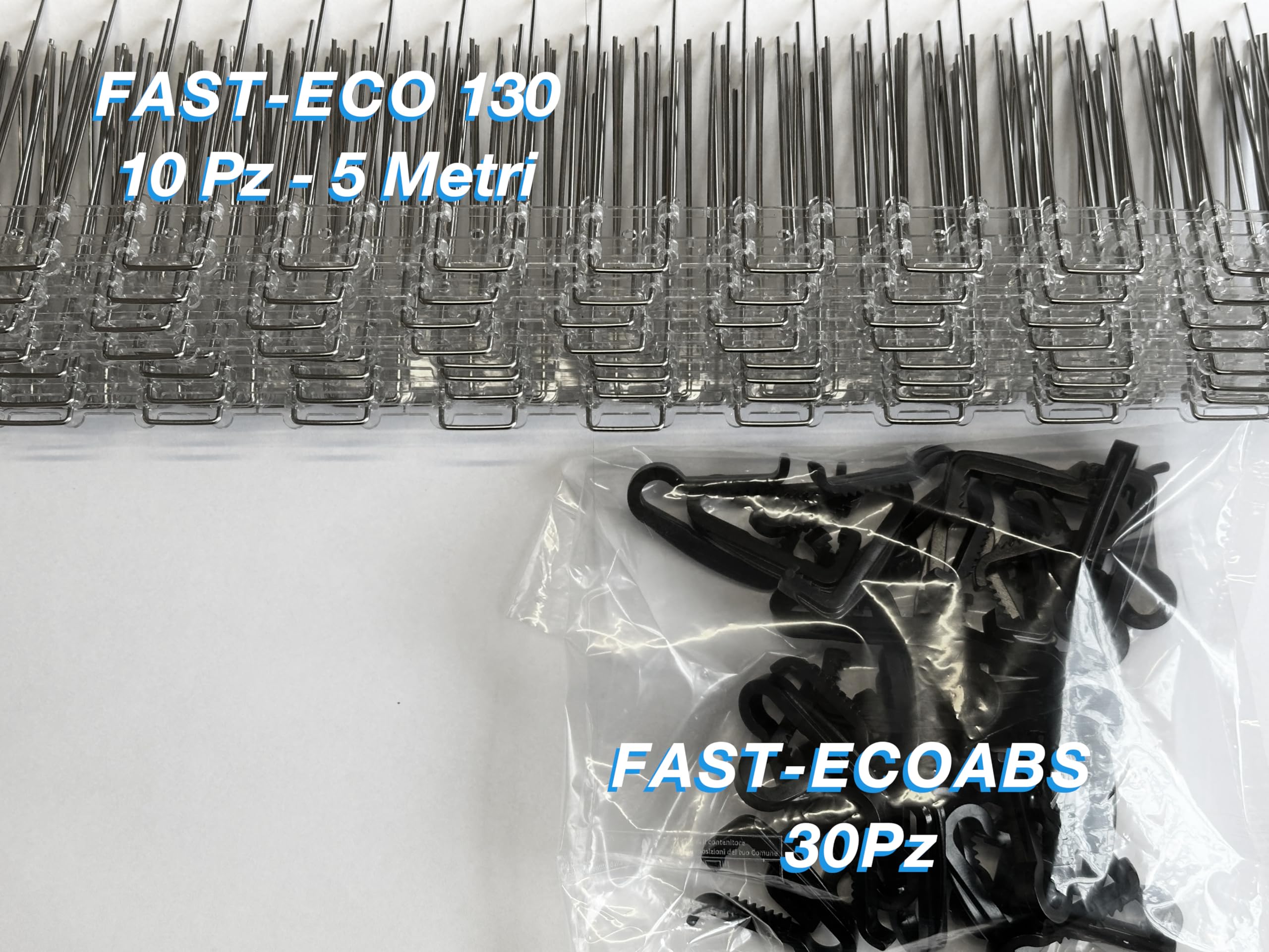 FAST-ECO-130 + FAST-ECOABS - Dissuasore per Fotovoltaico a 20 Aghi in Acciaio Inox, Base in Policarbonato Flessibile, 130mm, Anti-Piccioni e Uccelli (Set 10 Pz + 30 clip) (BARRIERA 5 METRI + 30 CLIP)