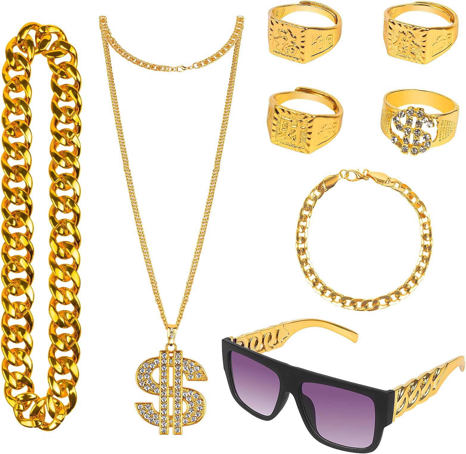 PIGKANG 80s 90s Hip Hop Costumes Outfit for Men Old School Rapper Accessories Sunglasses Faux Gold Rope Chain Bracelet Dollar Sign Chain Ring Kanji Ring for Men Women