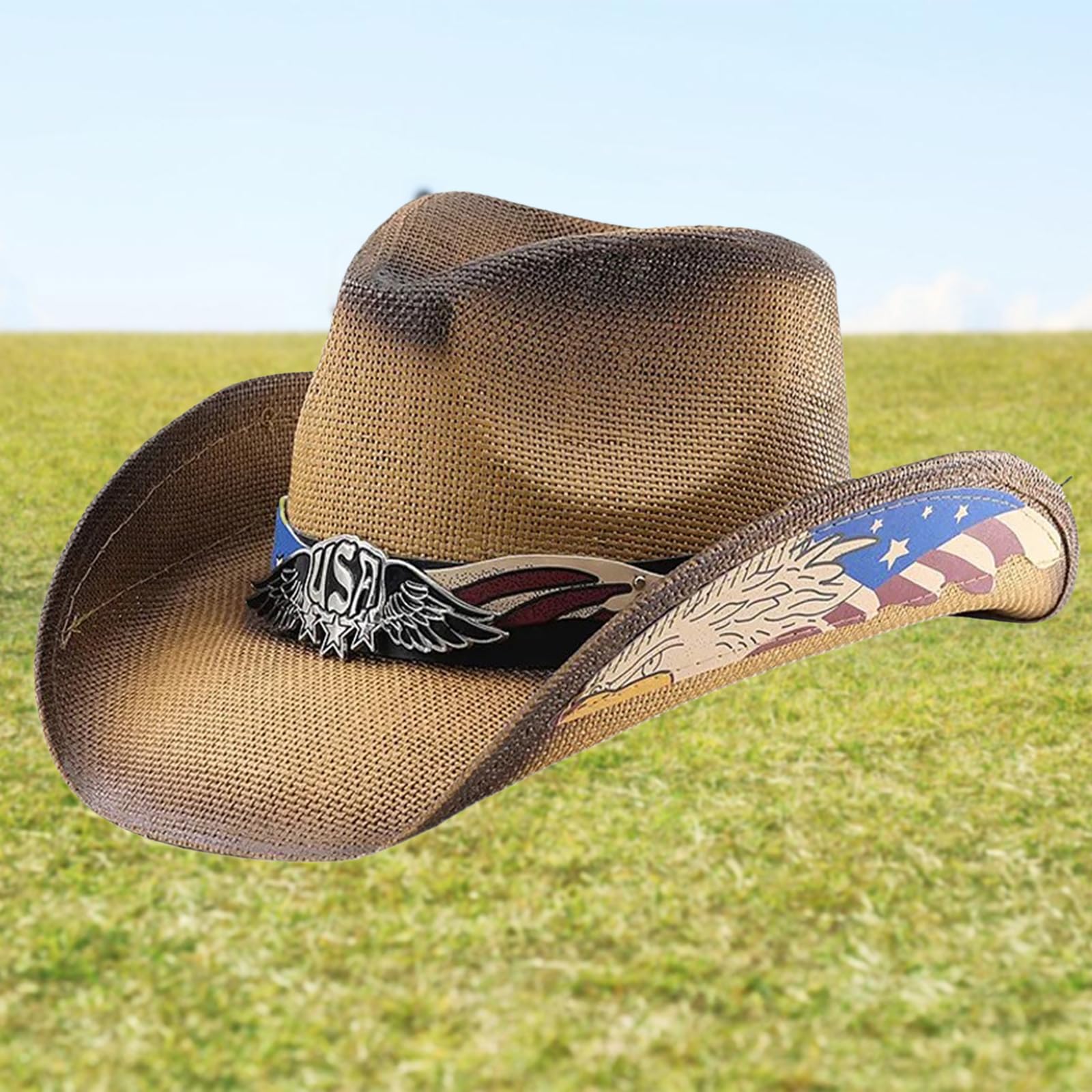 Chapeau Cowboy En Paille Naturelle – Style Western Drapeau Américain – Unisexe Plage & Été