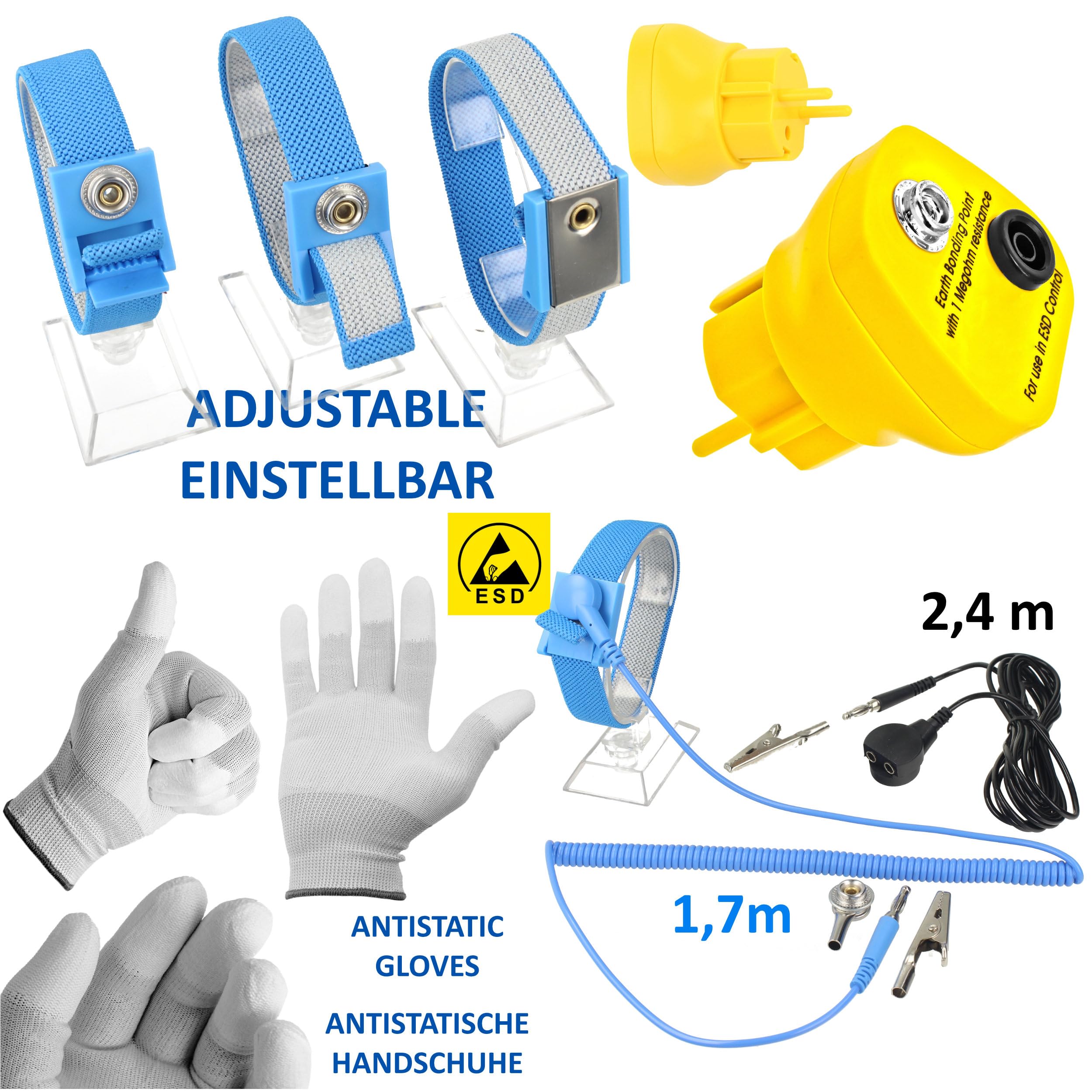 60 x 30cm GRAU Antistatik ESD Computer Matte Tischmatte „Premiumqualität“ inkl. Manschette + 2,4m Verlängerung + ESD Erdungs-Stecker + Handschuh