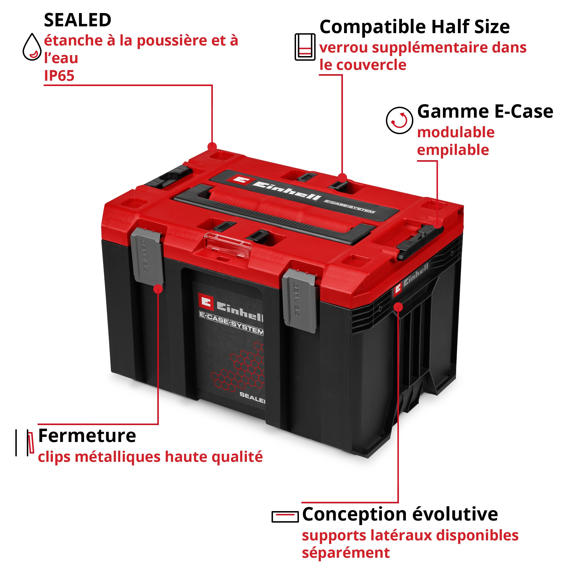Einhell E-Case M SEALED (gamme E-Case, étanche à la poussière et aux projections d’eau, compatible avec les mallettes Half Size, 44 x 33 x 29 cm, charge max. 90 kg, poignée)