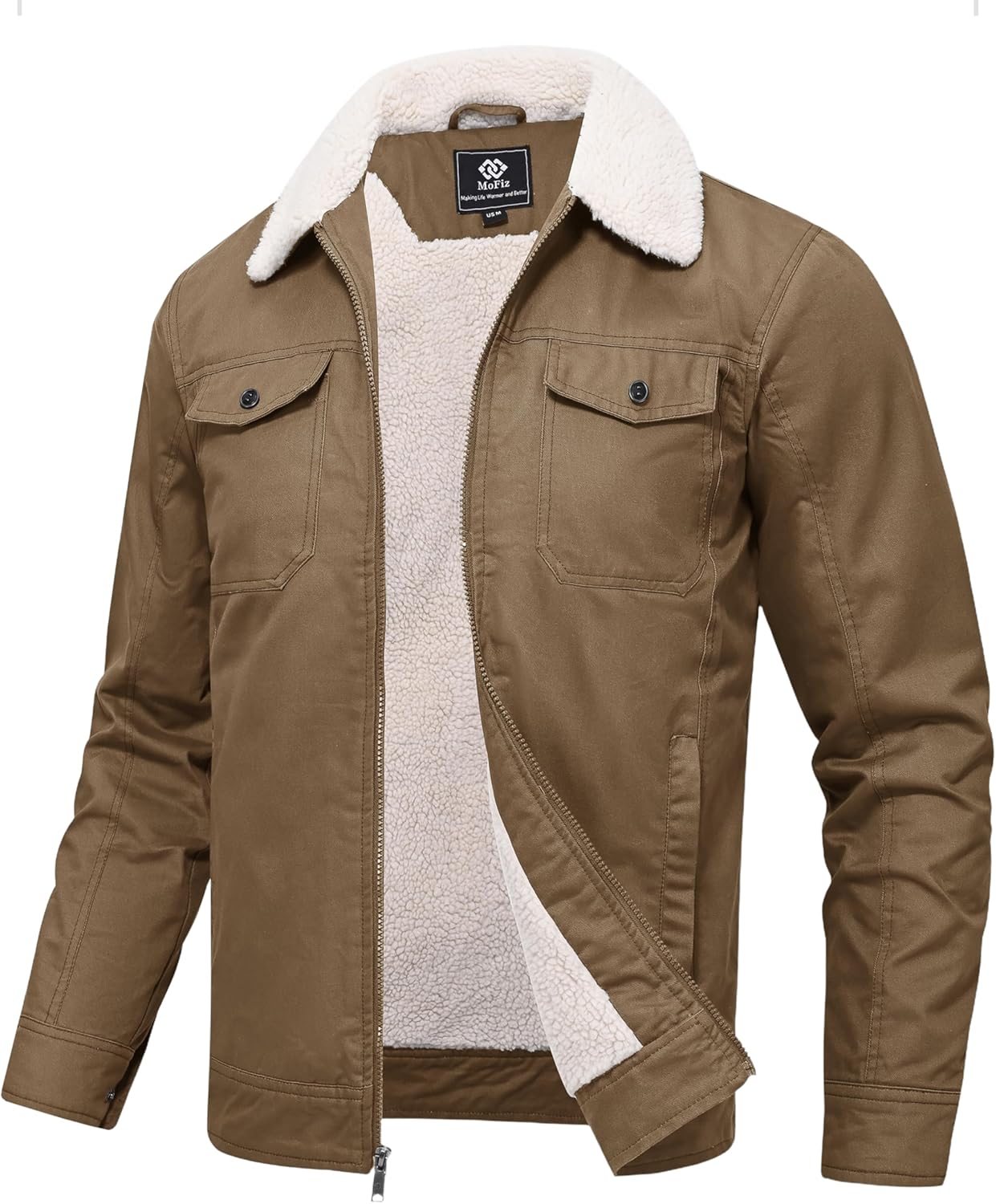MoFiz Men's Sherpa Lined Cotton Cargo Jacket Turn-down Collar Work Jacket for Men Zip Up Mens Winter Coat with Multi Pockets