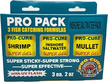 Pro Pack Inshore Saltwater for All You Saltwater Fisherman تحتوي حزمة Bait Scent Pack هذه على كل شيء. تحتوي حزمة القيمة هذه على 3 عوامل جذب رئيسية للطعم يستخدمها صيادو المياه المالحة حول العالم.