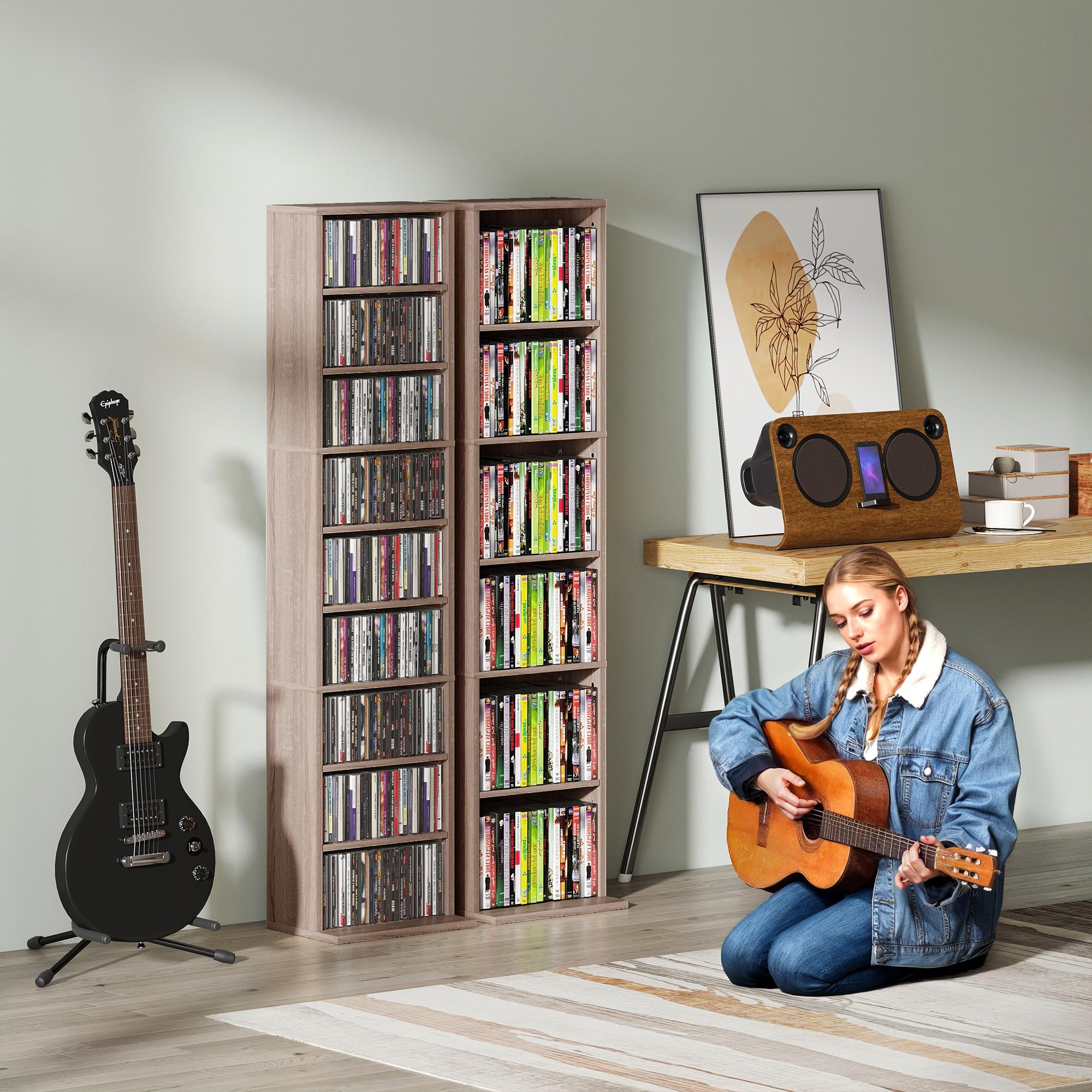 HOMCOM Rangements pour CD et DVD, meuble de rangement multimédia, capacité max. 260 CD/120 DVD, 9 compartiments et 6 étagères réglables, pour salon, chambre, bureau, 33 x 24 x 140 cm, bois naturel