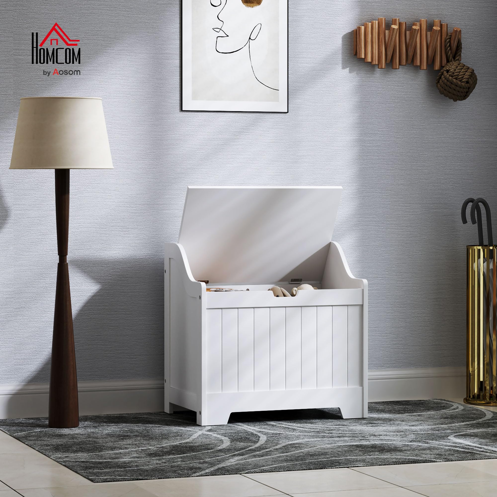 HOMCOM Arcón, Caja de almacenaje, Caja de almacenaje con bisagra de Seguridad, Recorte en Forma de U, Caja de Herramientas con Tapa, para salón, Dormitorio, Blanco, 60 x 38 x 56 cm
