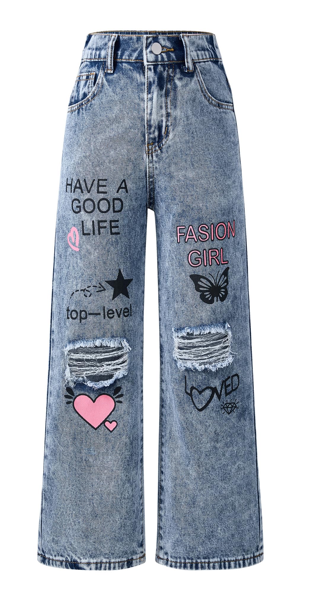 SEAUR Jeans da ragazza strappati larghi a gamba larga pantaloni dritti per bambini pantaloni in denim larghi pantaloni casual per 5-14 anni