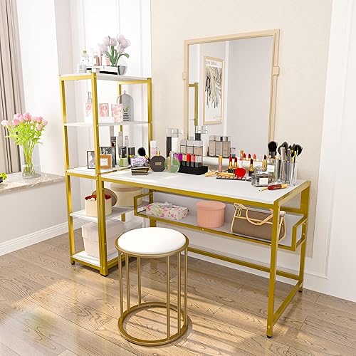 Miniatura 7 de Teraves Escritorio para computadora con estantes de 5 niveles escritorio reversible con almacenamiento mesa de estudio de 47 pulgadas para oficina