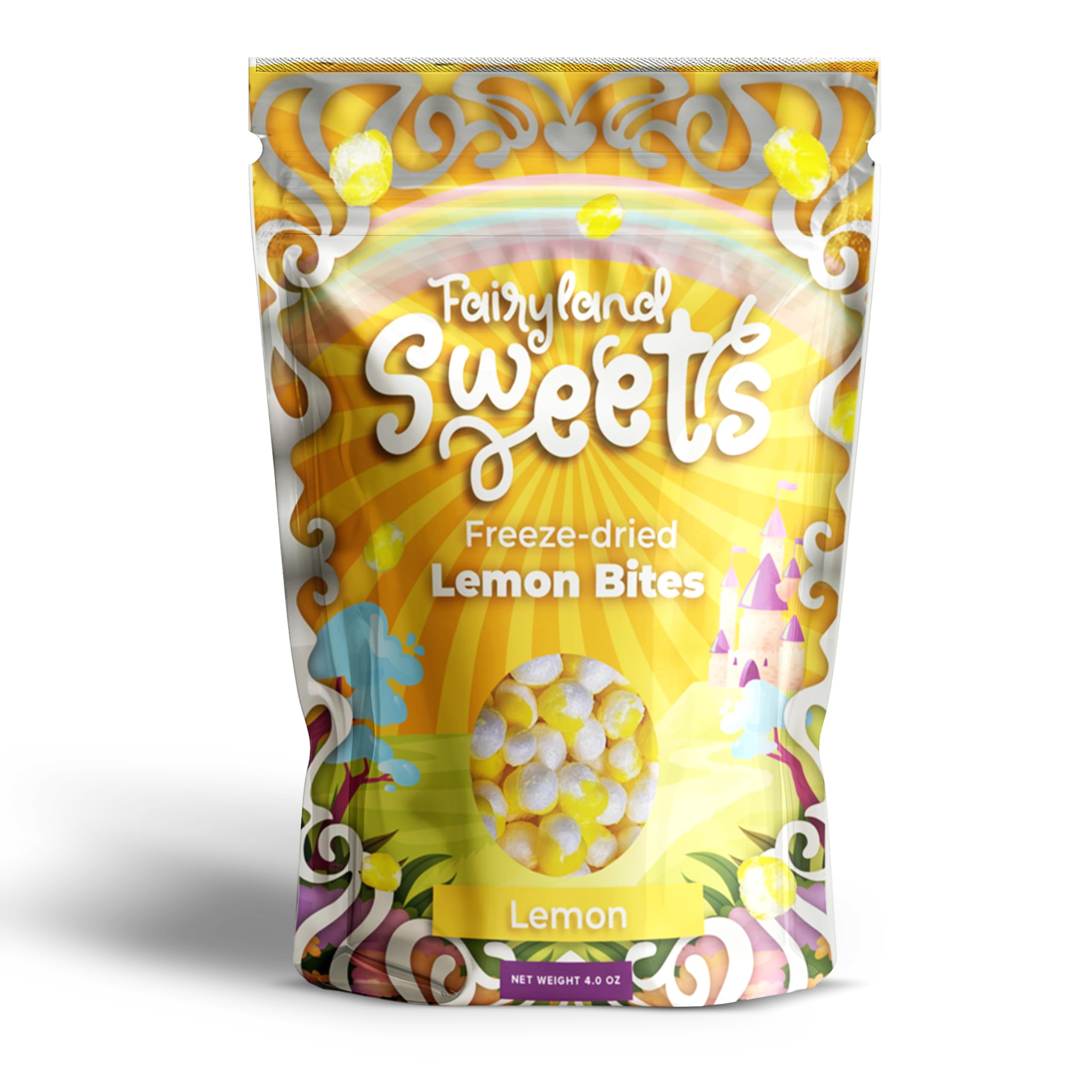 Fairyland Sweets Freeze Dried Candy Lemon Bites – Fun, Crunchy lemon flavored – Freeze Dried Lemon Hard Candy - 4.0 oz Resealable Bag