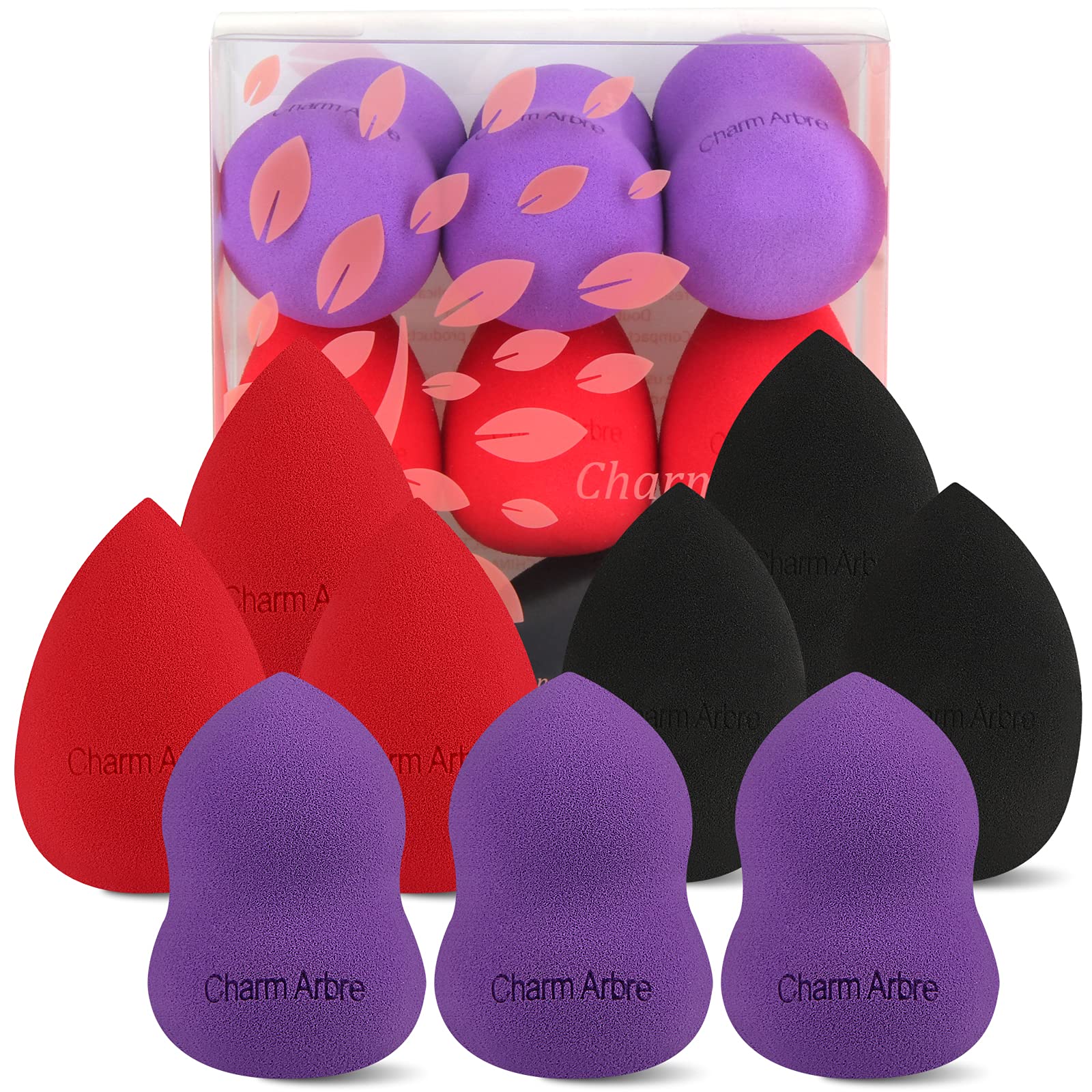 Charm Arbre Makeup Blender Sponge Set,Cosmetics tool,Multi-functional Beauty Blender for Powder, Liquid and Cream, Blending Applicators for Foundations,Purple,Bright Red and Black 9Pcs Set.