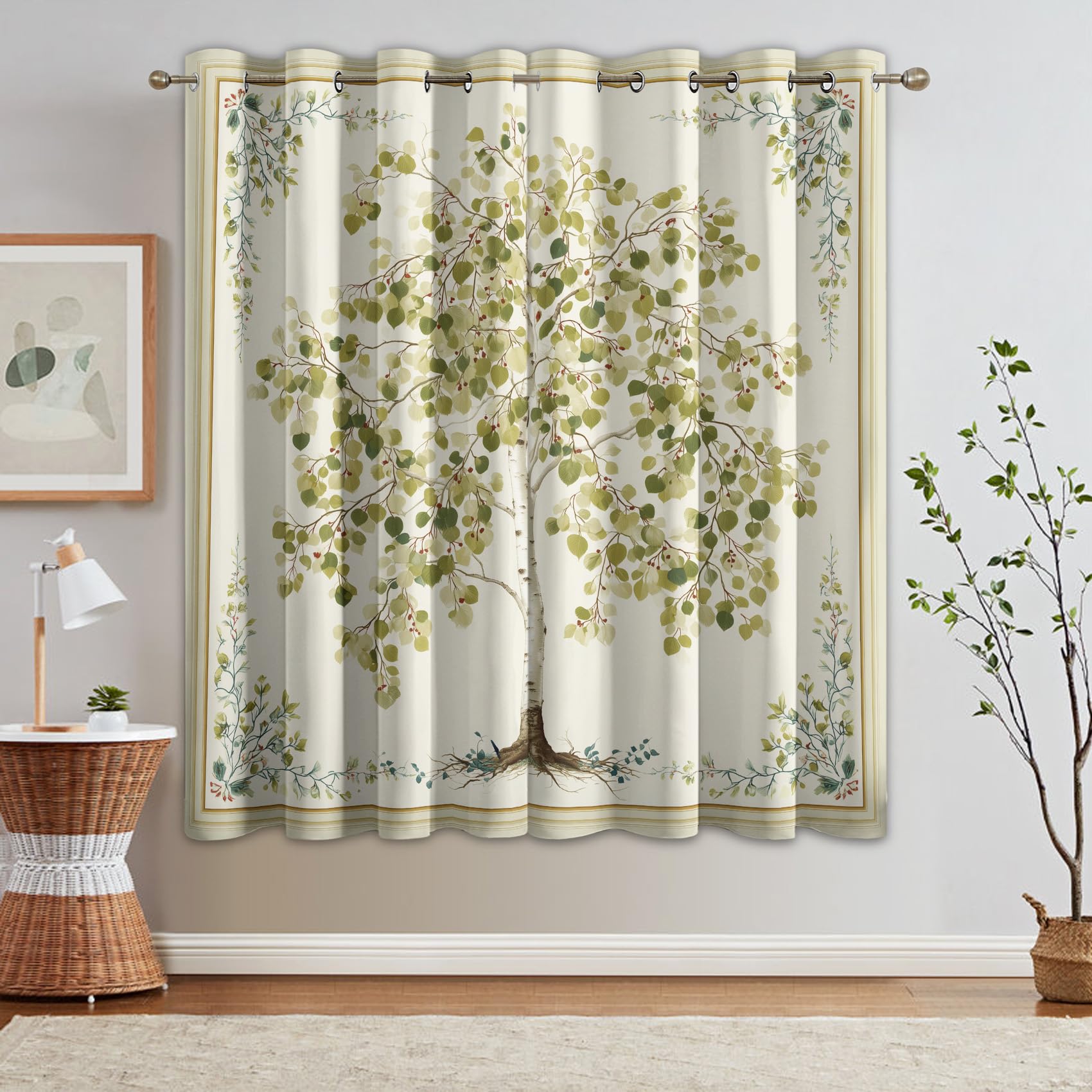 Baum Vorhang Mit ösen Blickdicht, Salbeigrün Blätter Vorhänge Schlafzimmer Wohnzimmer Küche 110 x 215 cm Lang, Übergardinen Innen Verdunklungsvorhänge