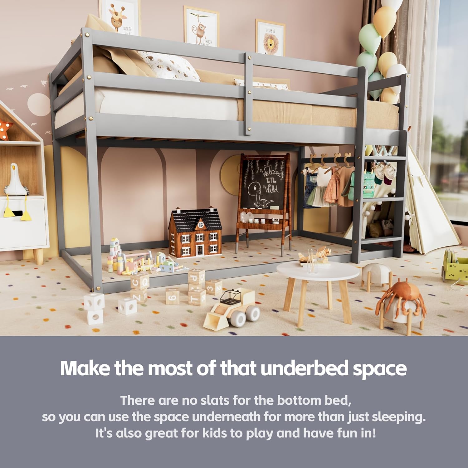 The lower bunk of the TOLEAD bed, showing ample space underneath the upper bunk for play or storage.