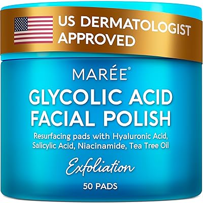 MAREE Glycolic Acid Pads - Toner Pads for Face Cleansing - Exfoliating Pad with Tea Tree Oil, Salicylic Acid & Vitamins E, B3, B5 - Acne Clearing, Skin Pore Resurfacing & Radiance Device - 50 Count
