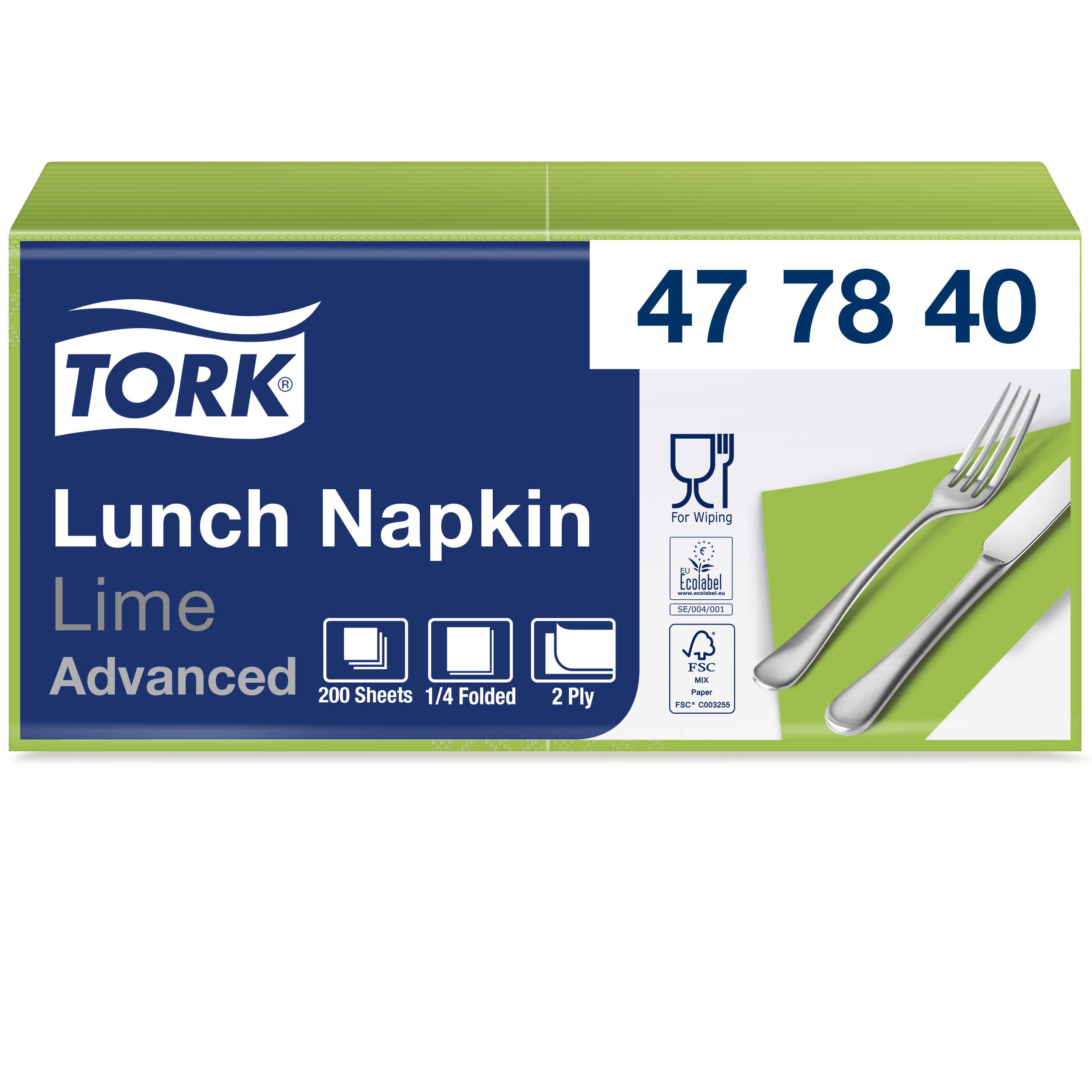 Tork 477840 Lunch/Servilletas para almuerzo / 10 paquetes x 200 unidades (2000 servilletas) / color verde lima / 2 capas / 33 x 32,6 cm/Advanced