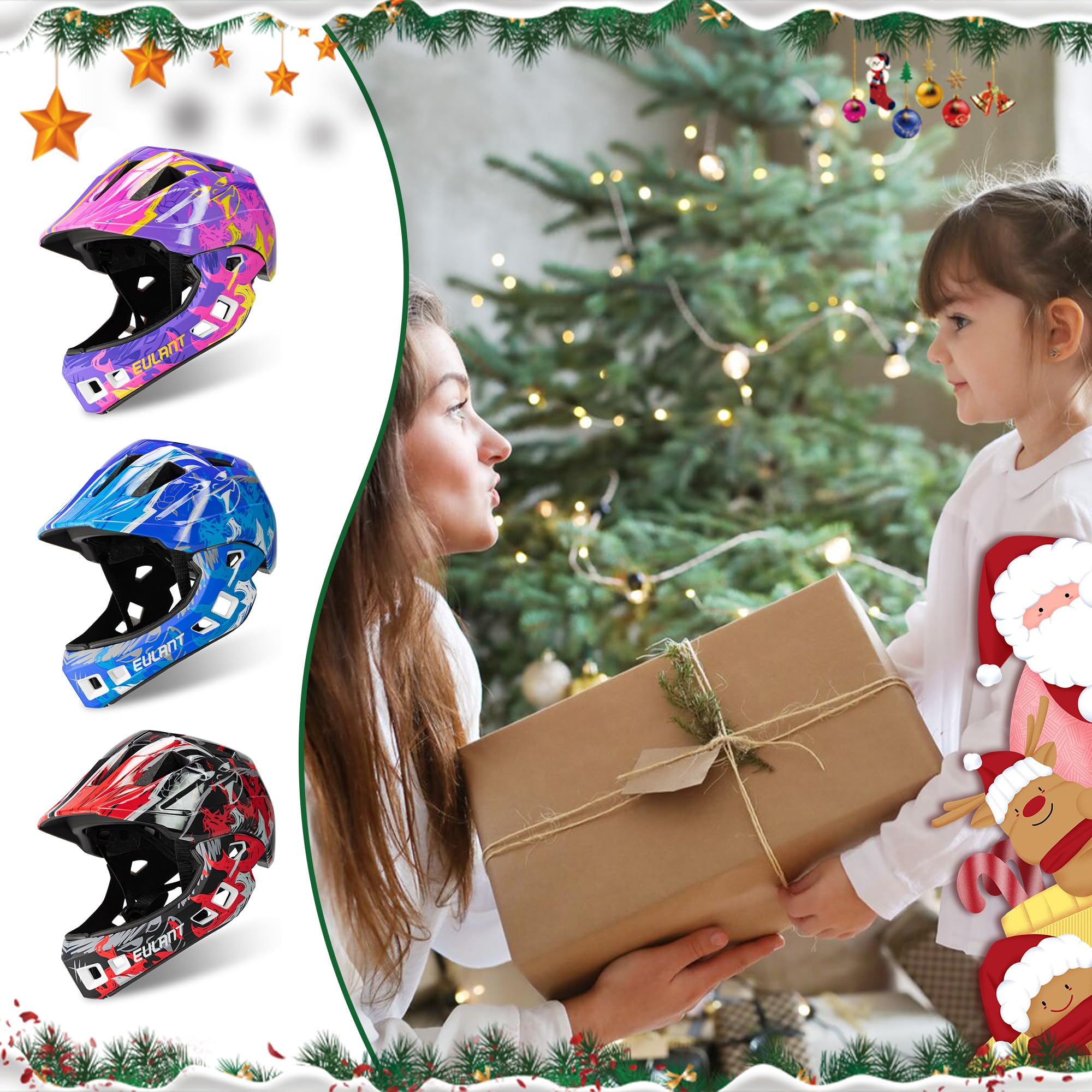 EULANT Kask rowerowy z ochroną podbródka dla młodzieży, dzieci, kask pełnotwarzowy, kask BMX, kask do downhillu, kask integralny, z jednym przyciskiem, ochrona podbródka i regulacja z tyłu
