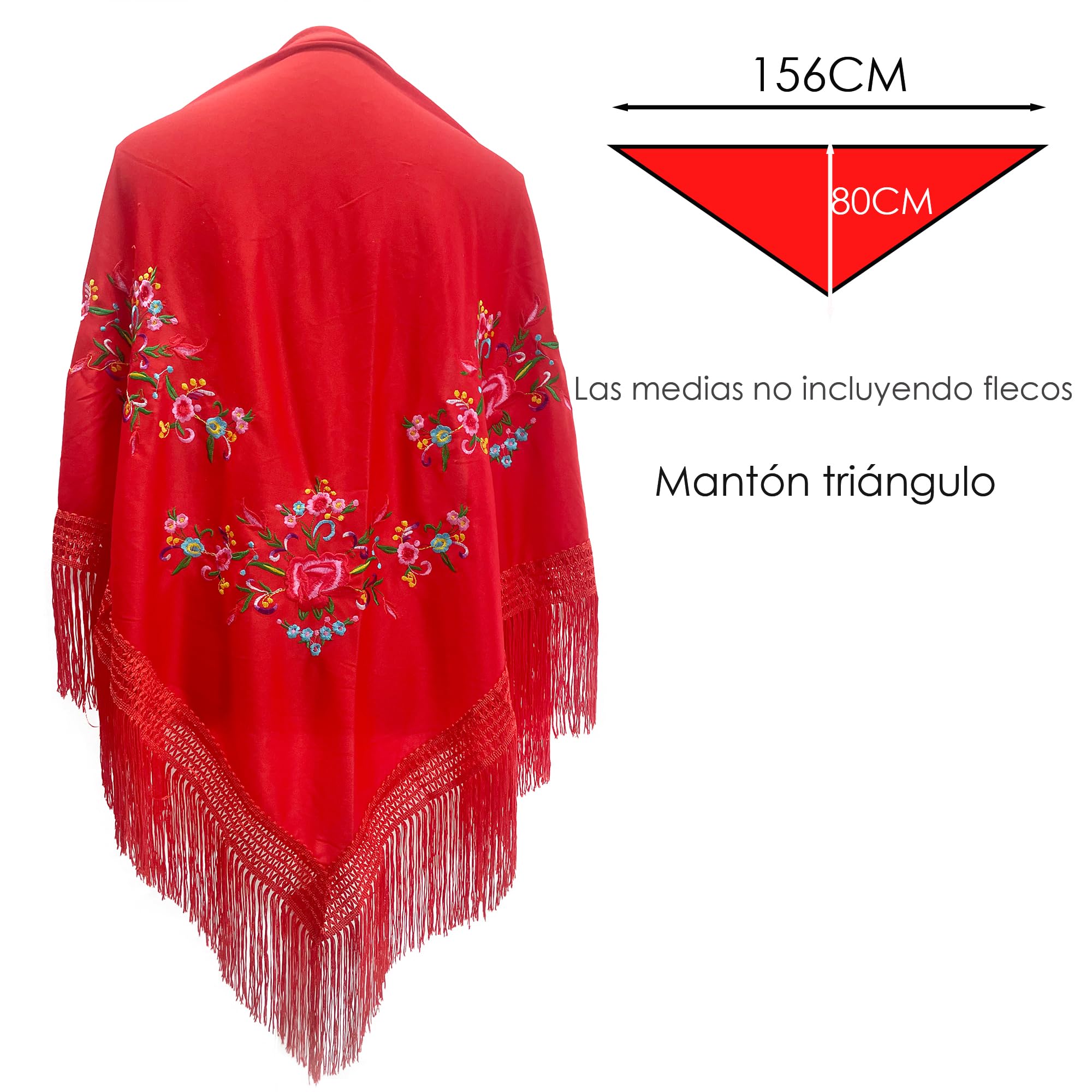 Mantón Bordado en Flores para Baile Flamenco Español, Set de Complementos Sevillana, Mantón, Collar, Flor y Peineta Flamenca para Adultos