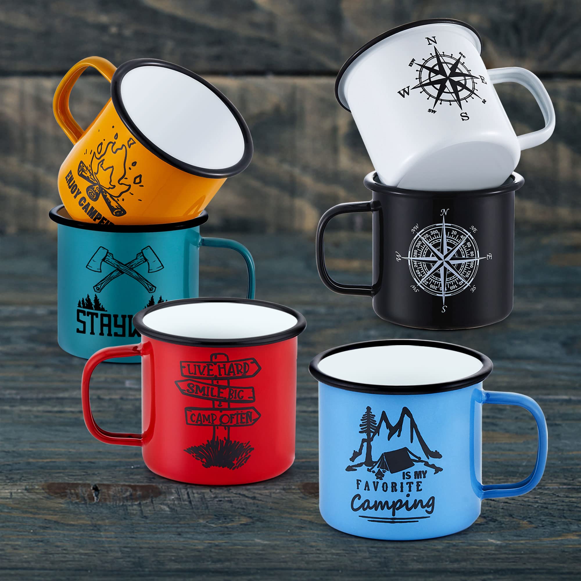 Juego de 6 tazas esmaltadas Joyfair de 455 ml de color azul rojo verde amarillo negro y blanco tazas de té para camping hogar oficina portátil y reutilizable patrón de doble cara y fácil limpieza