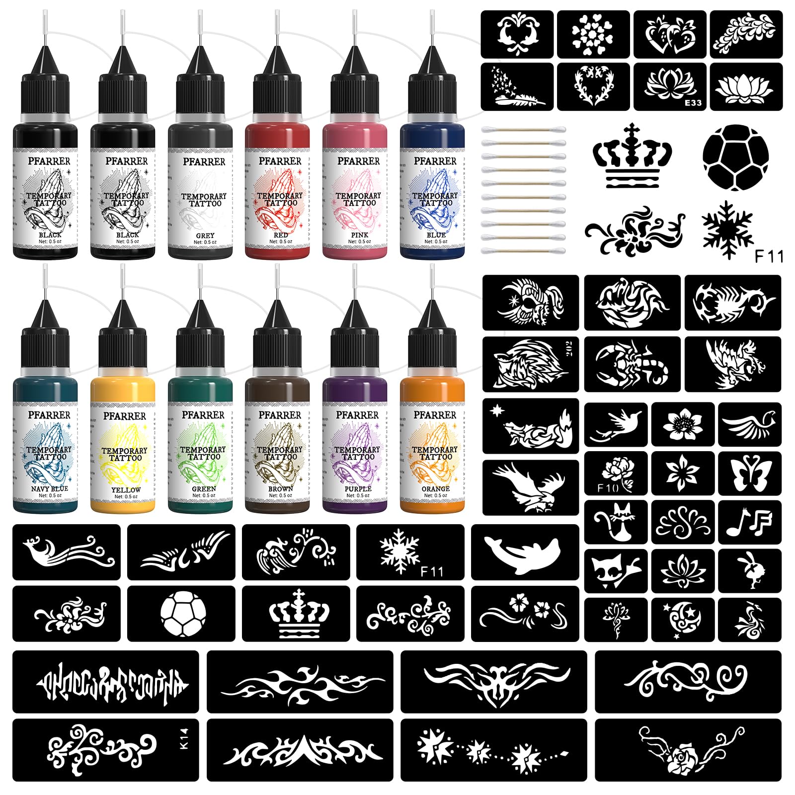 PFARRER Tattoo Ink Set - 12 Bottles of Vivid Colour Temporary Tattoo Ink for Skin, with Multiple Styles of templates for Adults Kids,Safe and Fast Drying Effect,Art Painting ZYH2309002KIT-1