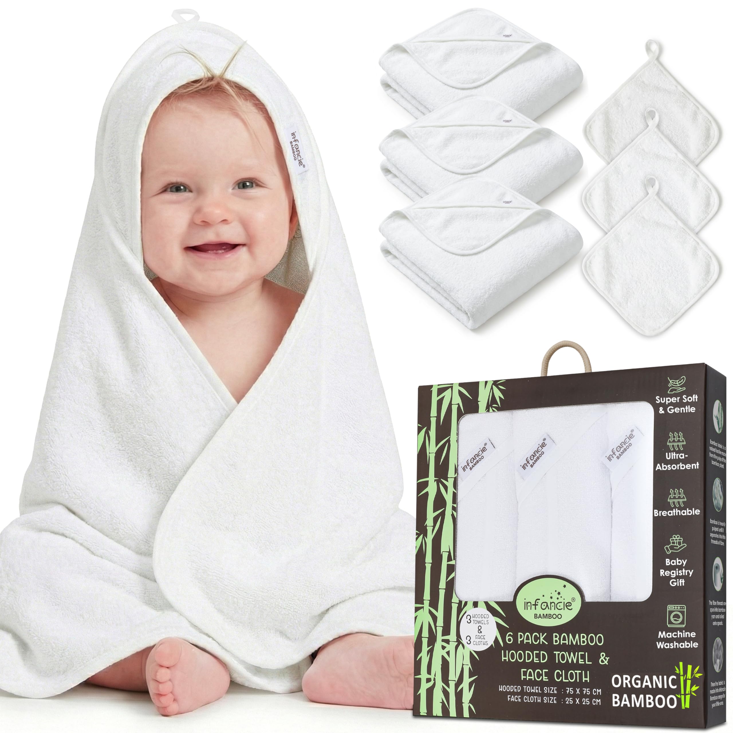 infancie Hooded Baby Towel - Ultra Soft Bamboo Bath Towel for Infant and Baby, Quick-Dry & Hypoallergenic Baby Towel with Hood - Breathable & Absorbent Baby Essentials (3 Hood + 3 Face Cloth)