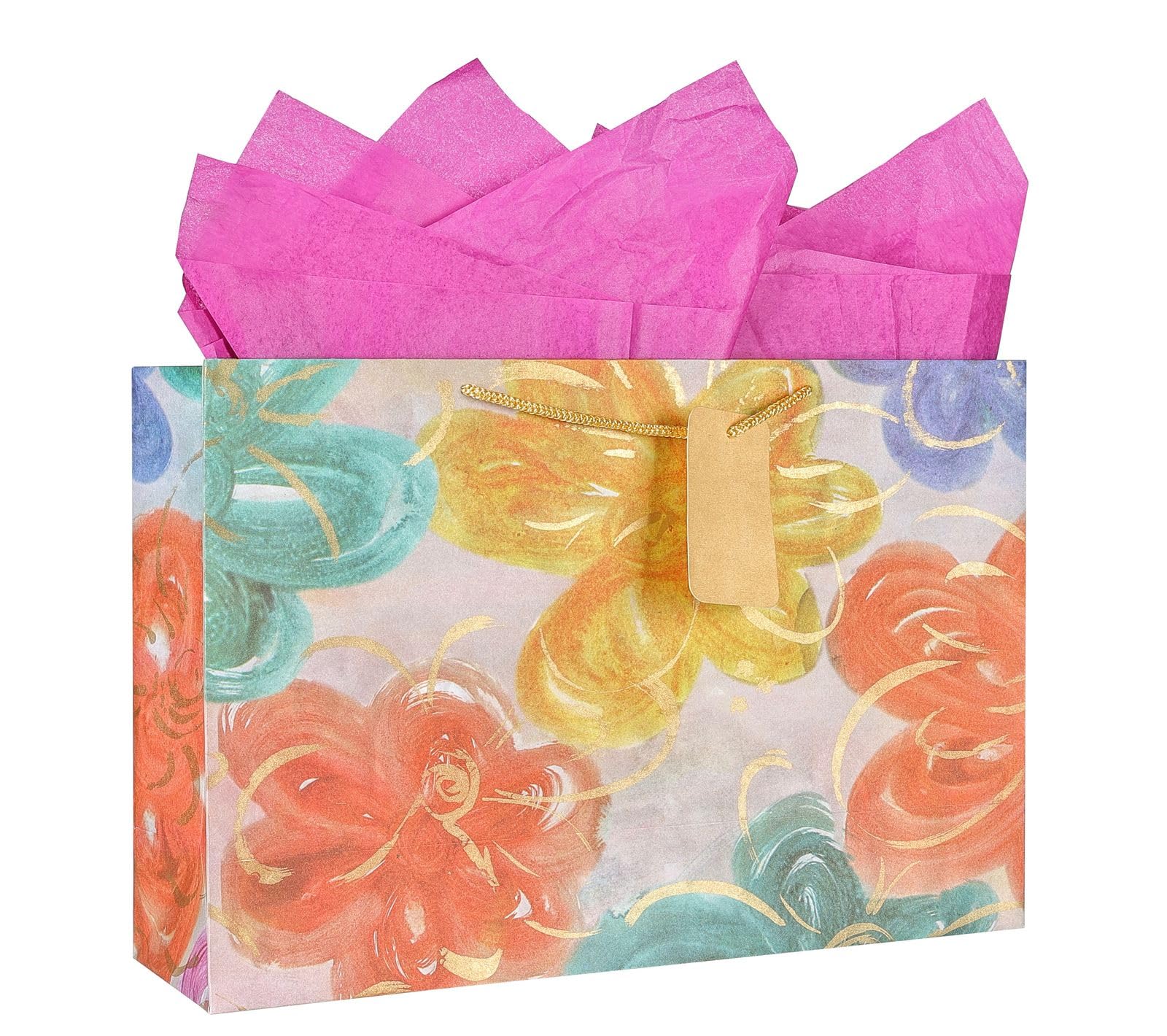 KidsyWinsy Pack Of 5 Flowers Gift Bag (Large,16 * 5 * 11 Inches) With Tissue & Thank You Card-Paper Gift Bags | Return Gift Bags For Pooja, Baby Shower, Festive Gifting, Birthday, Wedding