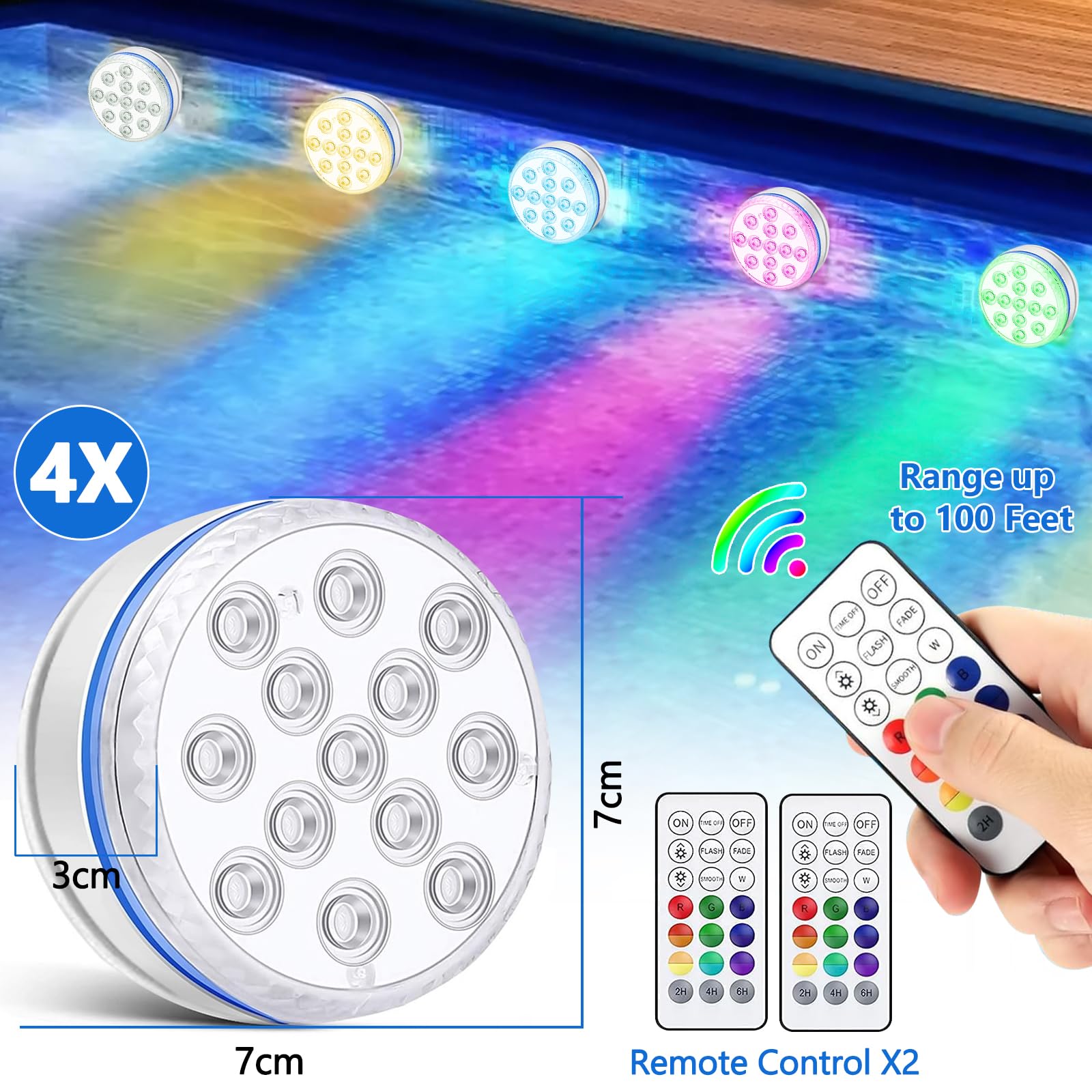 Amzeeniu Podwodne oświetlenie basenowe, 13 diod LED, wodoszczelne, RGB, różne kolory, z pilotem zdalnego sterowania, IP68, oświetlenie dekoracyjne do spa, wanny, akwarium, fontanny