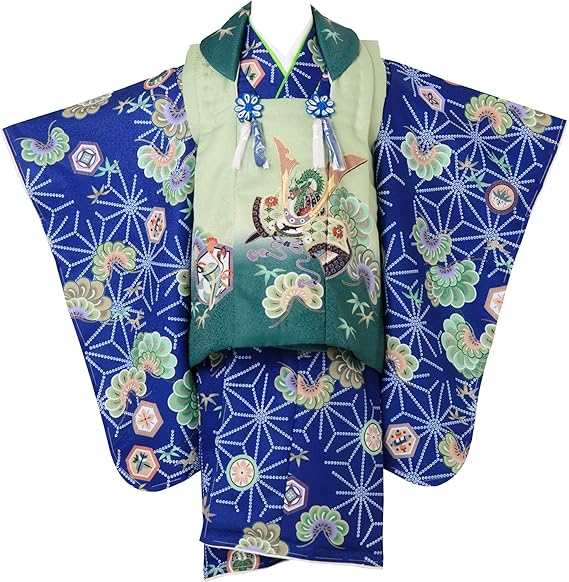 Amazon 七五三 着物 3歳 男の子 被布セット 兜 水色の着物 白色ｘ緑色の被布コート 京都 花うさぎ フルセット If 12 3400 着物 浴衣 甚平 通販