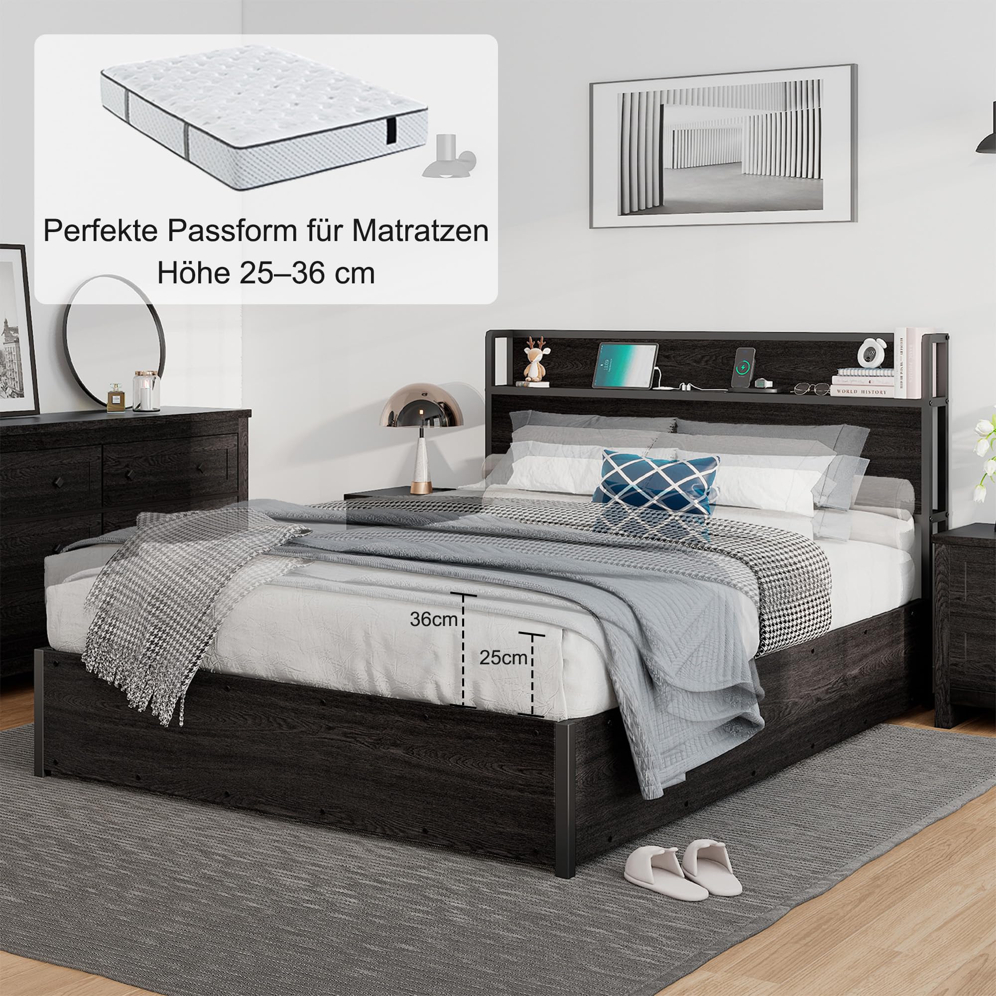LUXOAK 160 x 200 cm Lift Up Stauraumbettgestell, Holzplattformbettgestell mit Hebefunktion, Stauraum und Ladestation, Keine Federung erforderlich, Geräuschlos, Schwarz, Ohne Matratze