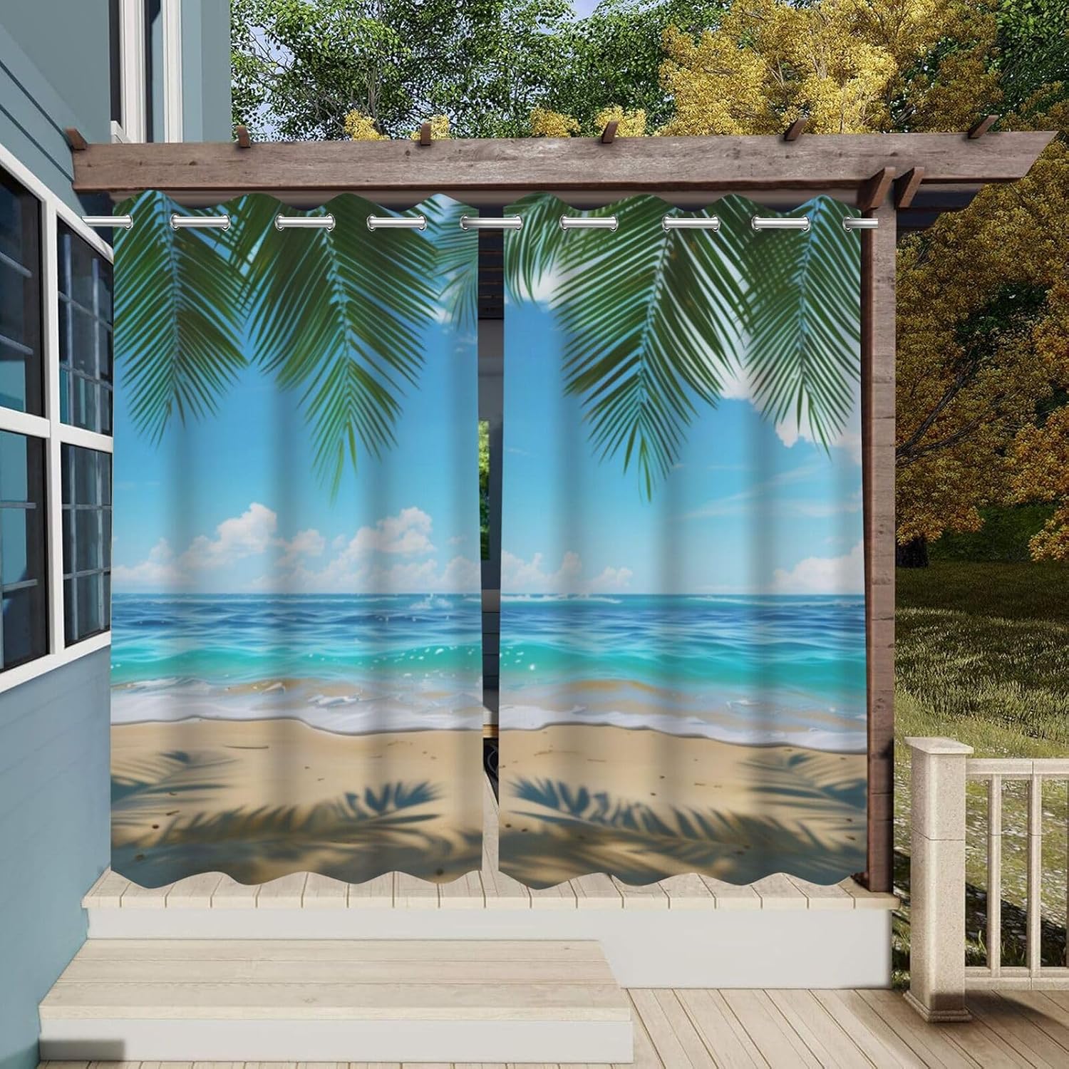 Tropical summer beach Outdoor Curtains for Patio Waterproof,palm leaves waves blue sky pattern,Privacy Curtains for Porch Pergola Arbor Lanai Pool House Outside Deck,2 Panel,W54 x L108,blue green