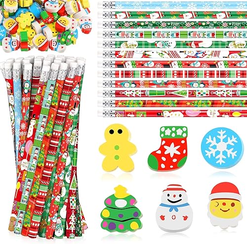 Miniatura 8 de Juego de 72 lápices de Navidad, mini borradores de lápices, recuerdos de fiesta de Navidad para niños, pequeños borradores de pan de jengibre,