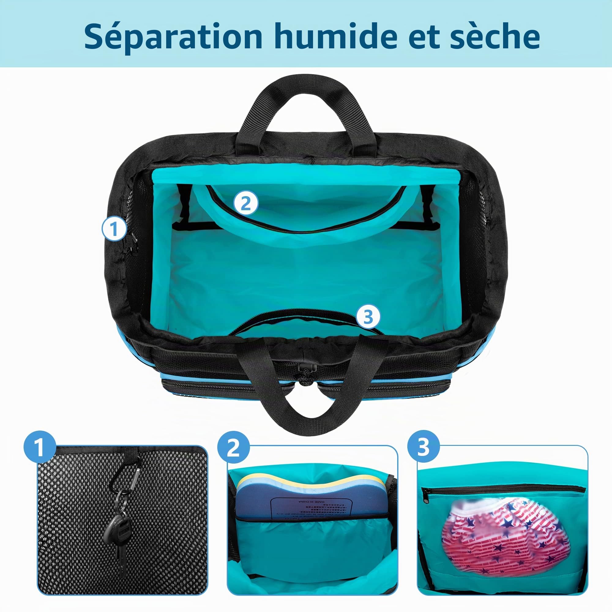 Fasrom Sac à Dos de Plage en Maille avec Poche Imperméable et Fond Zippé | Avec Séparation Humide et Sec, 2 Poches Devant Zippées, 1 Poches Filet et Mousquetons pour Voyage, Gym et Piscine