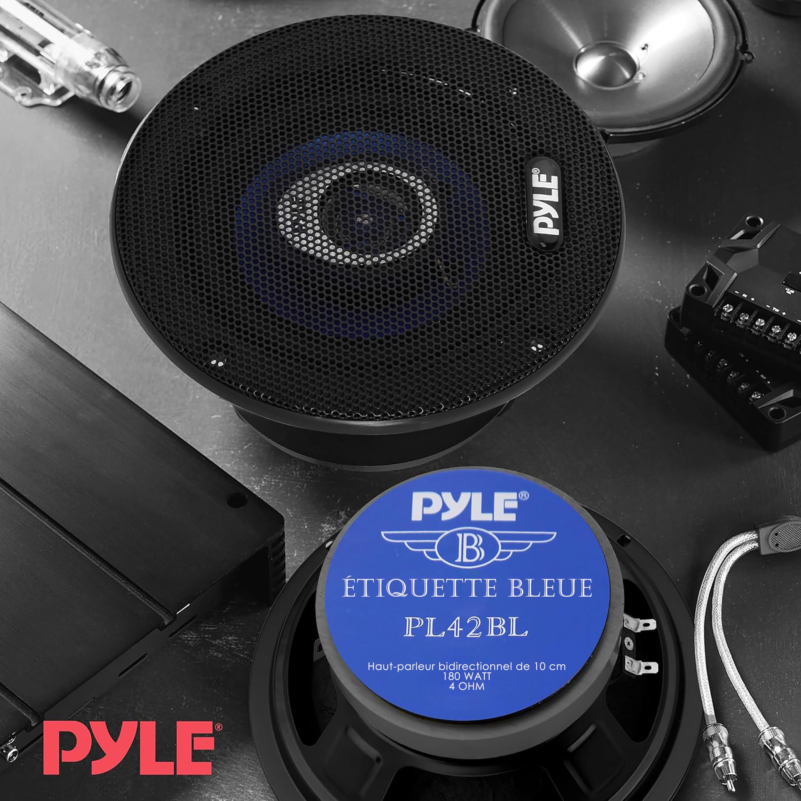 Pyle Haut Parleur Voiture 10 cm Paire 2 Voies 180W 4 Ohms – Cône Poly Injection Bleu Entourage Butyle Accessoires Inclus