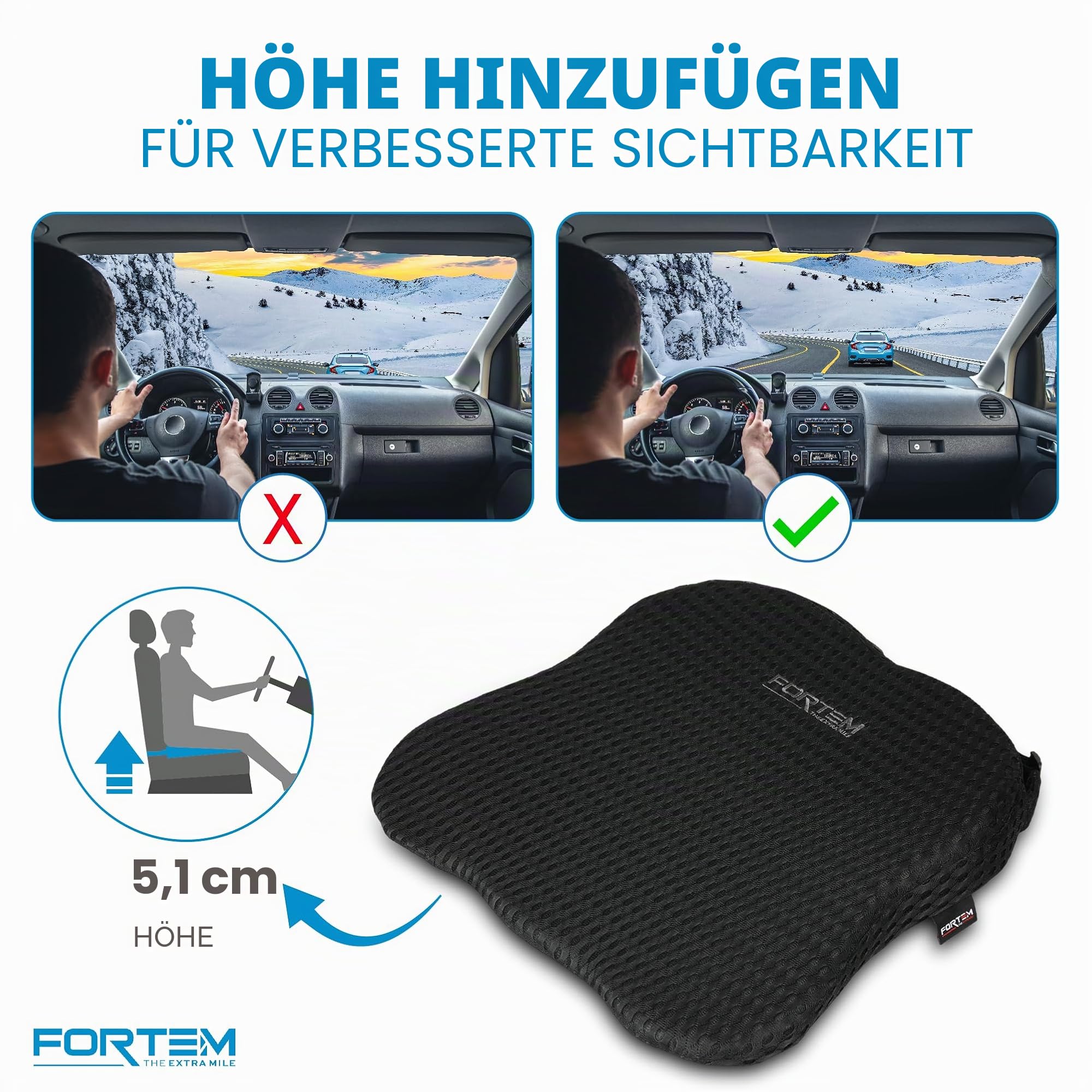 FORTEM Sitz- und Rückenkissen fürs Auto – Memory-Schaum, Keilkissen, Lendenstütze, rutschfest, Verstellbare Gurte, Abnehmbarer Bezug