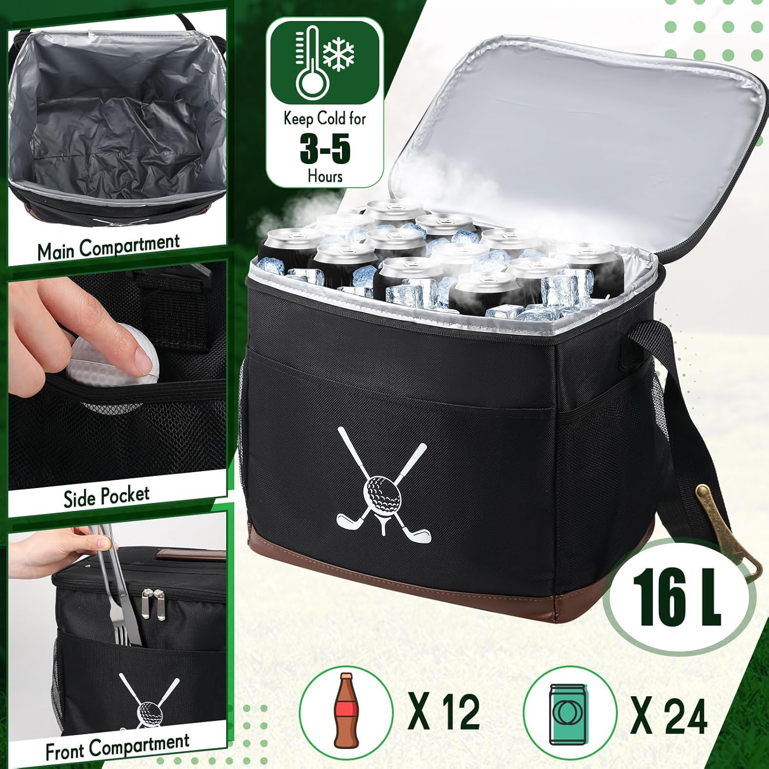 Reallnaive Golf Cart Cooler Bag Insulated with 6 Beer Can Sleeves 24 Can Large Foldable Leakproof Soft Cooler Bag with Bottle Opener Ice Cooling Holds for Golf Cart
