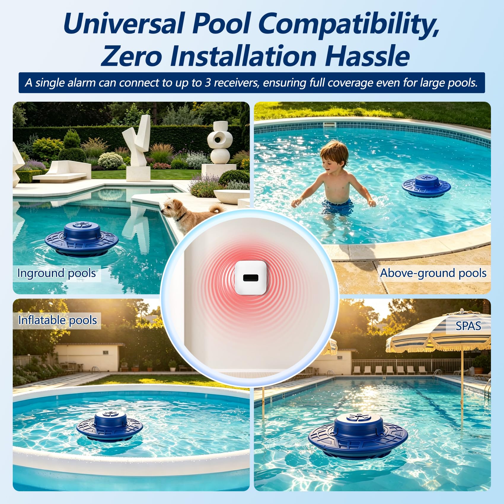 Alarma de alberca, alarma de seguridad flotante para piscinas enterradas y sobre el suelo, seguridad para niños y mascotas, receptor interior, alarmas dobles de 110 dB, rango inalámbrico de 260 pies