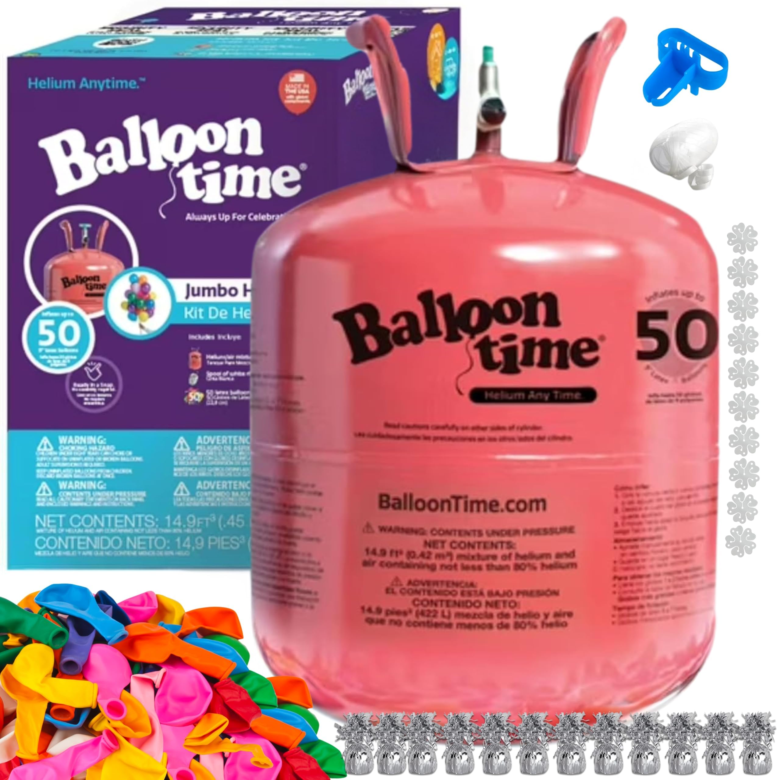 Blue Ribbon Helium Tank with 50 Balloons and White + 12 Silver Balloon Weights + Plus Balloon Tying Tool and Flower Clips