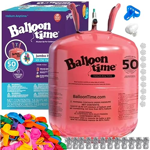Helium Tank for Balloons At Home 14.9 Cu Ft Helium Tank, 50 Balloons and White Ribbon, 12 Silver Balloon Weights, Balloon Tie Tool and Flower Clips