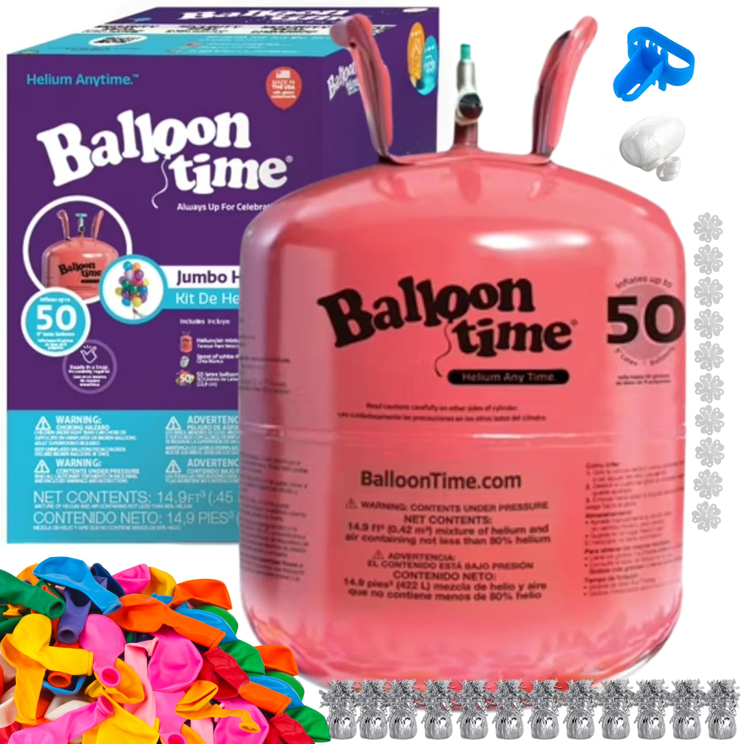 Helium Tank for Balloons At Home 14.9 Cu Ft Helium Tank, 50 Balloons and White Ribbon, 12 Silver Balloon Weights, Balloon Tie Tool and Flower Clips