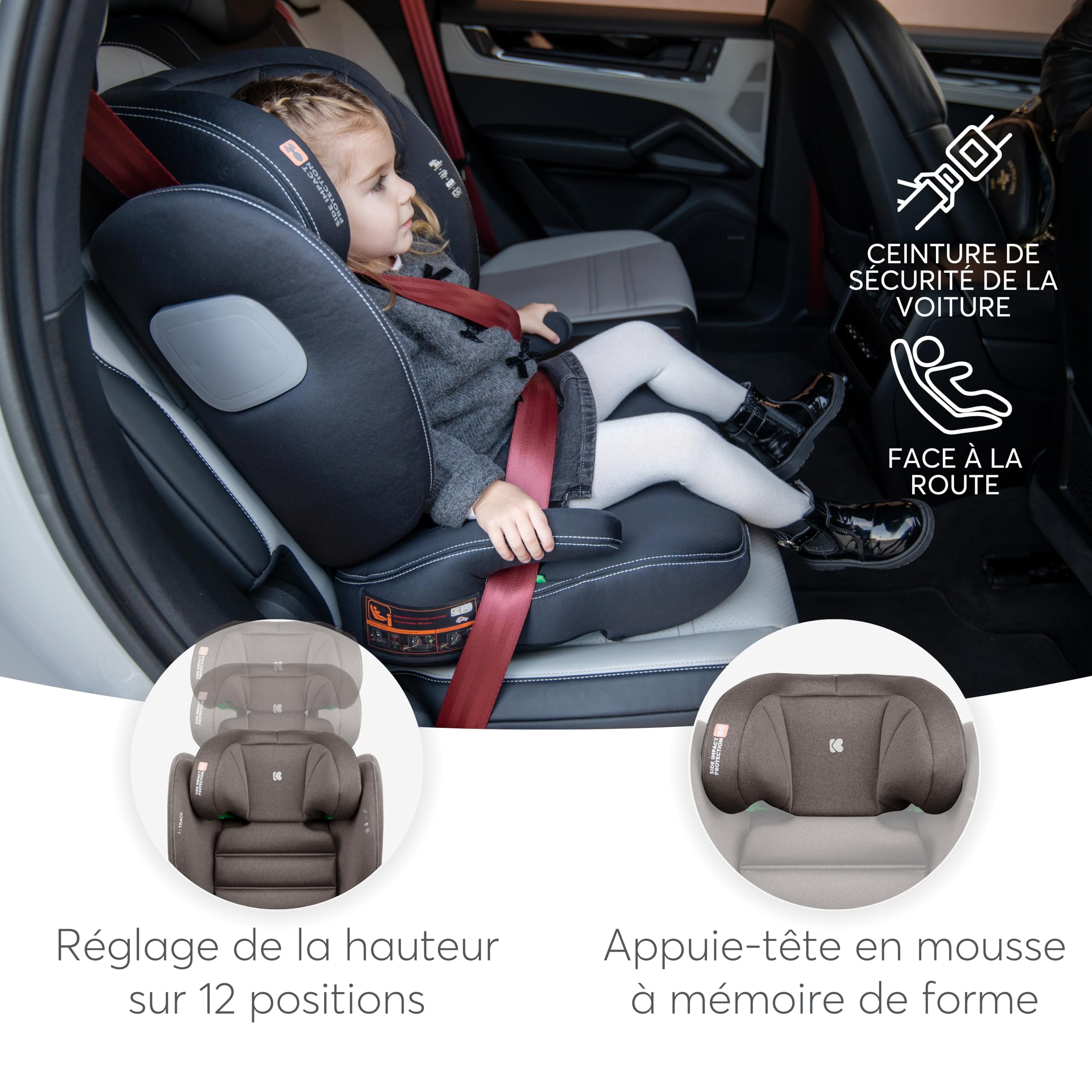 Siège auto KikkaBoo i-TRACK i-Size, 100-150 cm, siège auto groupe 2-3 ISOFIX, de 3,5 à 12 ans, de 15 à 36 kg, siège auto, Système de protection latérale SPS, appui-tête réglable en 12 positions, beige