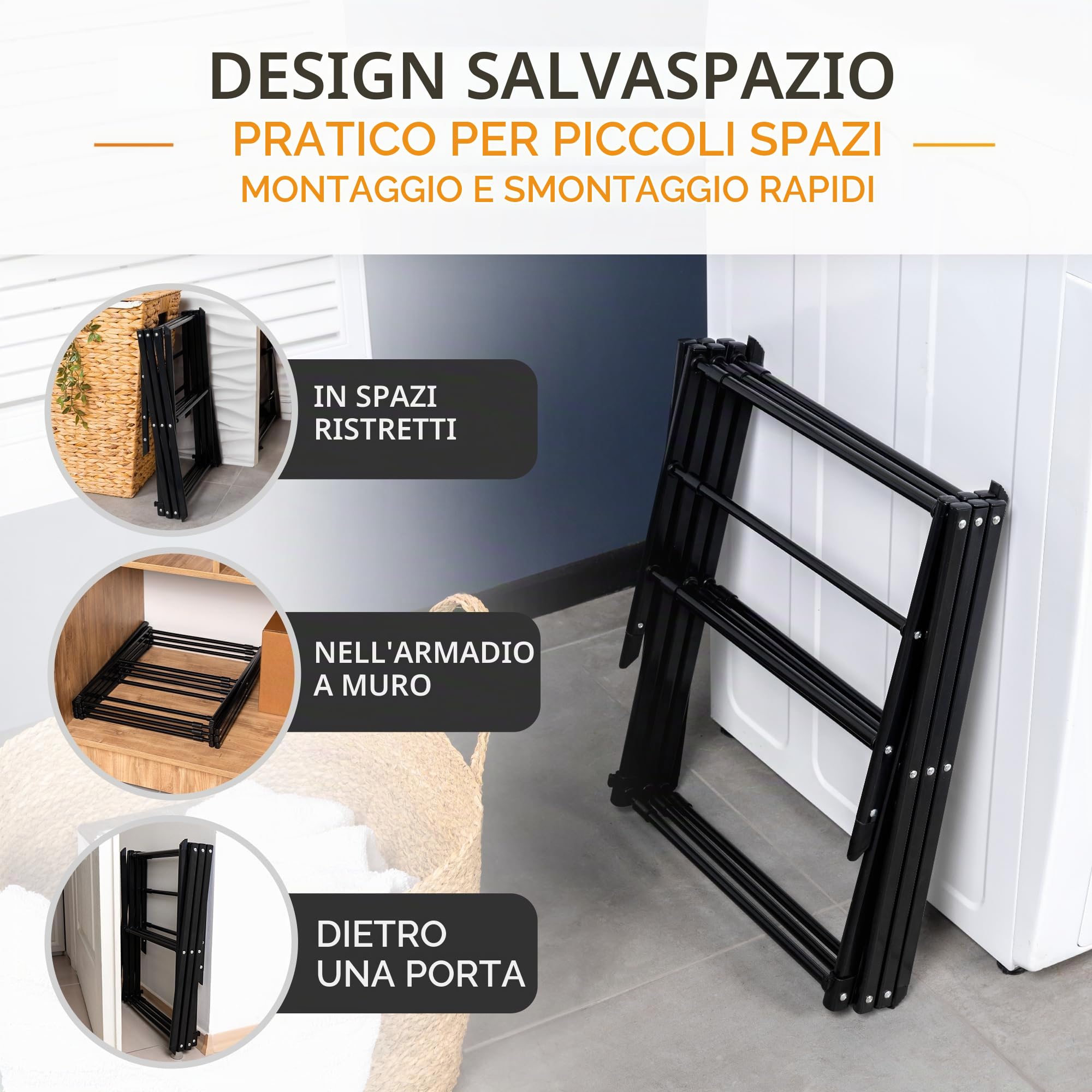 Stendibiancheria pieghevole salvaspazio, resistente e robusto, 6 livelli con 11 aste, torre pieghevole ed estensibile in grigio