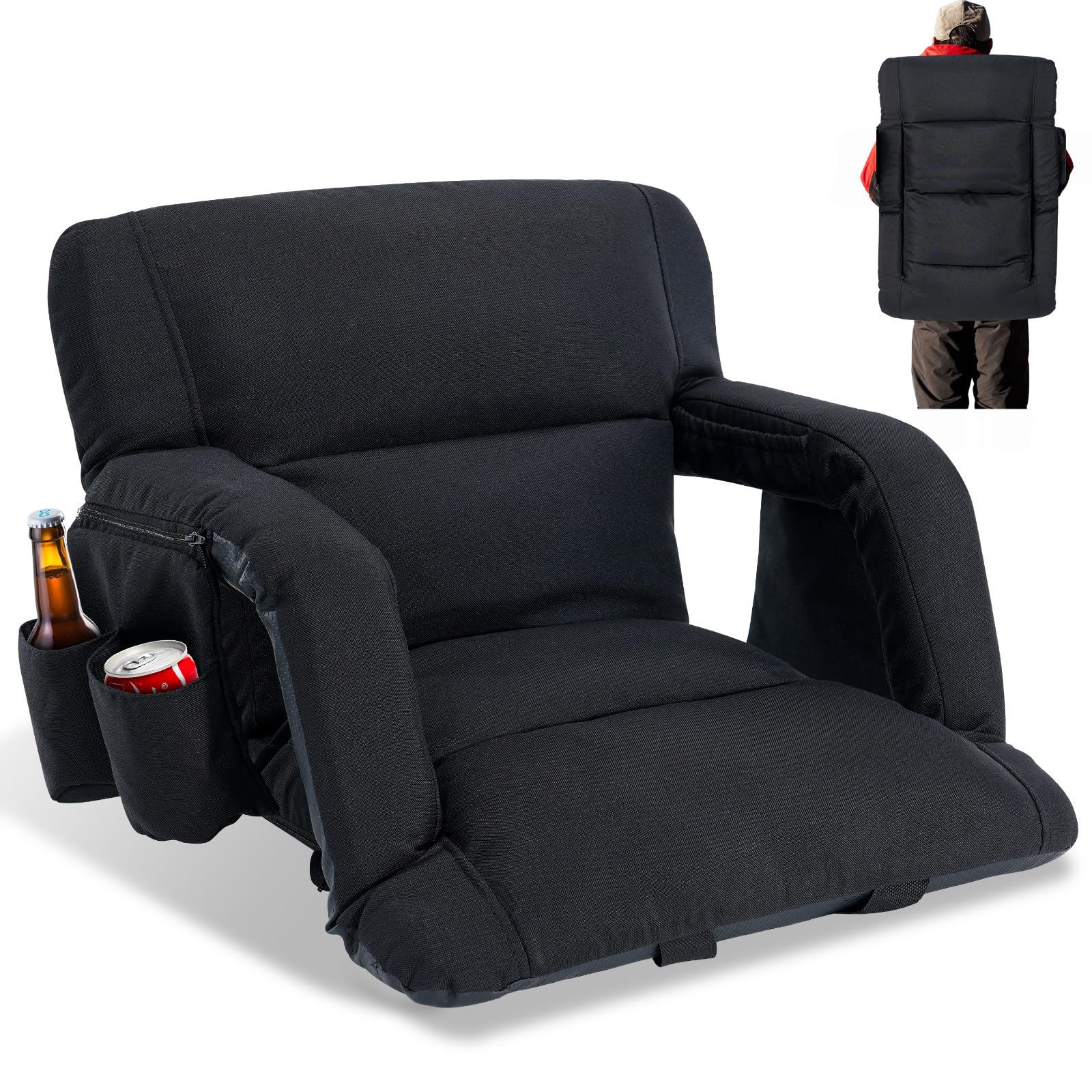 LILYPELLE Wide Stadium Seats with Back Support, Bleacher Chairs with Comfy Cushion, 6 Reclining Positions, Stadium Seat Bleacher Chairs with Armrests for Sport Events, Camping