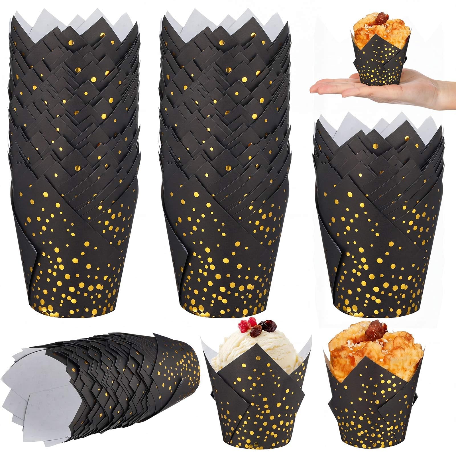Gerrii 200 moldes de papel para cupcakes de tulipán, envoltorios para cupcakes, fiestas de té, mini bandejas para magdalenas, bodas, fiestas de novia, baby shower, decoración (lunares dorados negros)