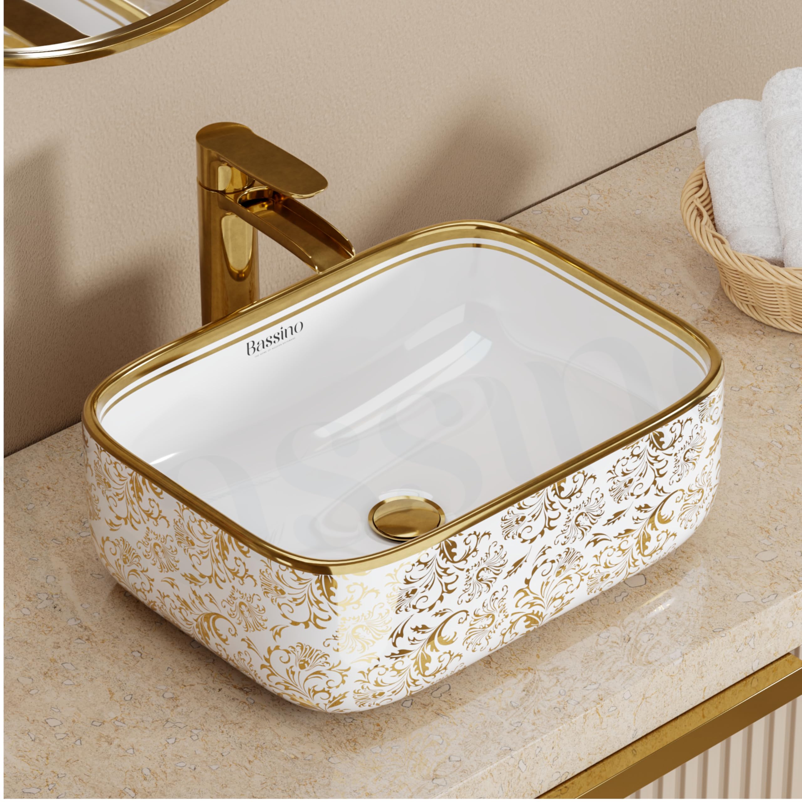 BASSINO Art Wash Basin Counter top,Tabletop Ceramic Bathroom Sink/Basin for Home,Kitchen And Office -GLOSSY,WHITE GOLD (L400 x W300 x H140 mm) BTT-618-IN