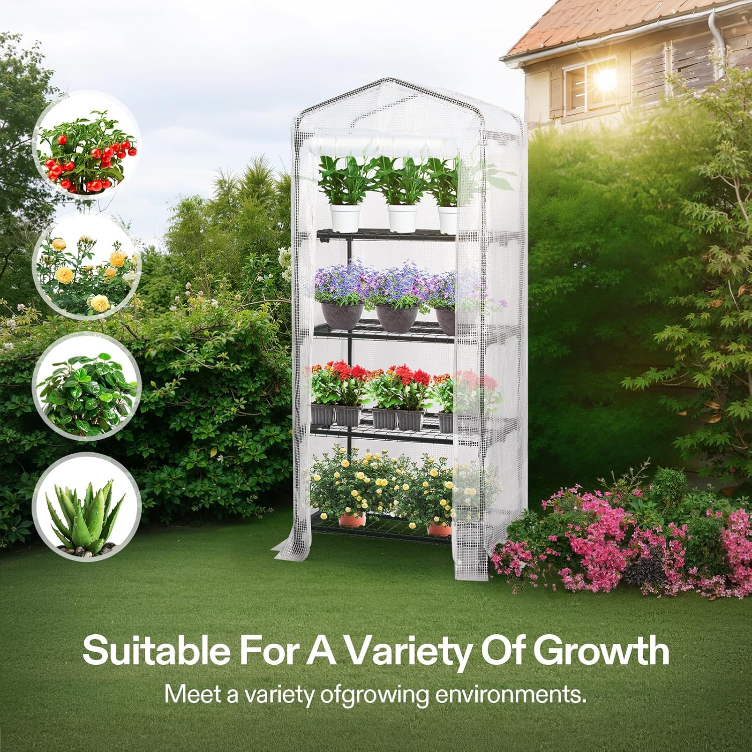 VIVOSUN Mini 4-Tier Greenhouse with Wheels, 27 x 19 x 63-Inch Reusable Portable Warm House with White PE Cover and Shelf for Compact Garden and Small Backyards, with Wheels