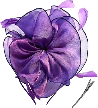 Womens Fascinators Tea Party Wedding Derby Mesh Flower Feather Fascinator Hat with Headband and Clip Purple