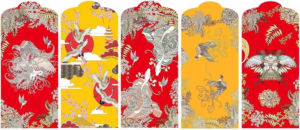A-Focus お年玉袋 祝儀袋 ポチ袋 10枚セット 17.5X9CM 1000円から1万円までお札を折らなくて入れる 富士山日ノ出鶴等5種類のデザイン Lサイズ お札ポチ袋 10枚